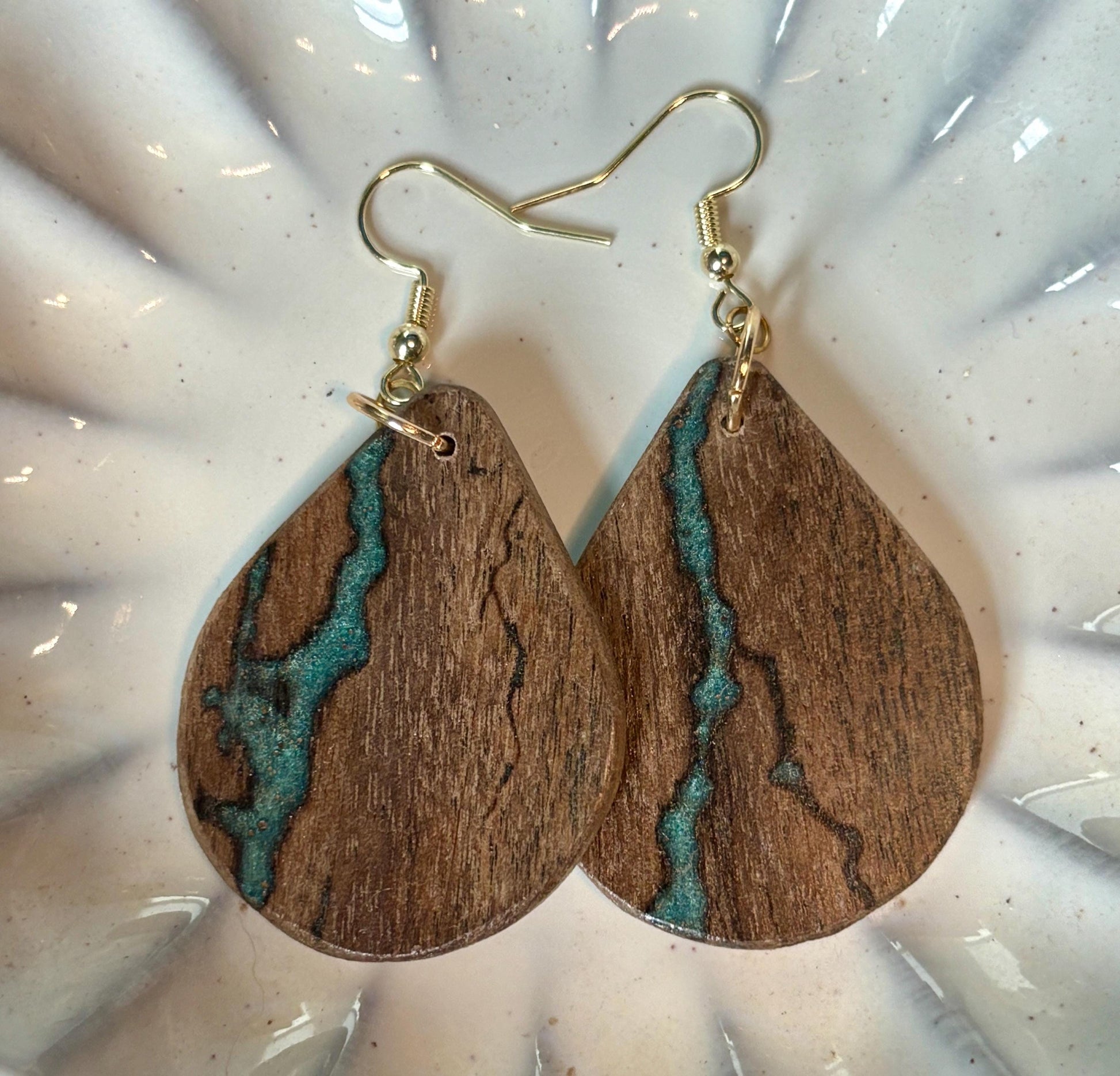 Black Walnut Teardrop Earrings | Teal Resin Inlay Boho Wood Earrings Consecrated Jewelry Co.