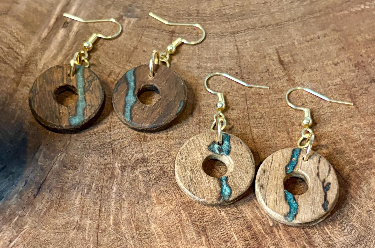 Black Walnut Circle Earrings | Teal Resin Inlay Boho Wood Earrings Consecrated Jewelry Co.