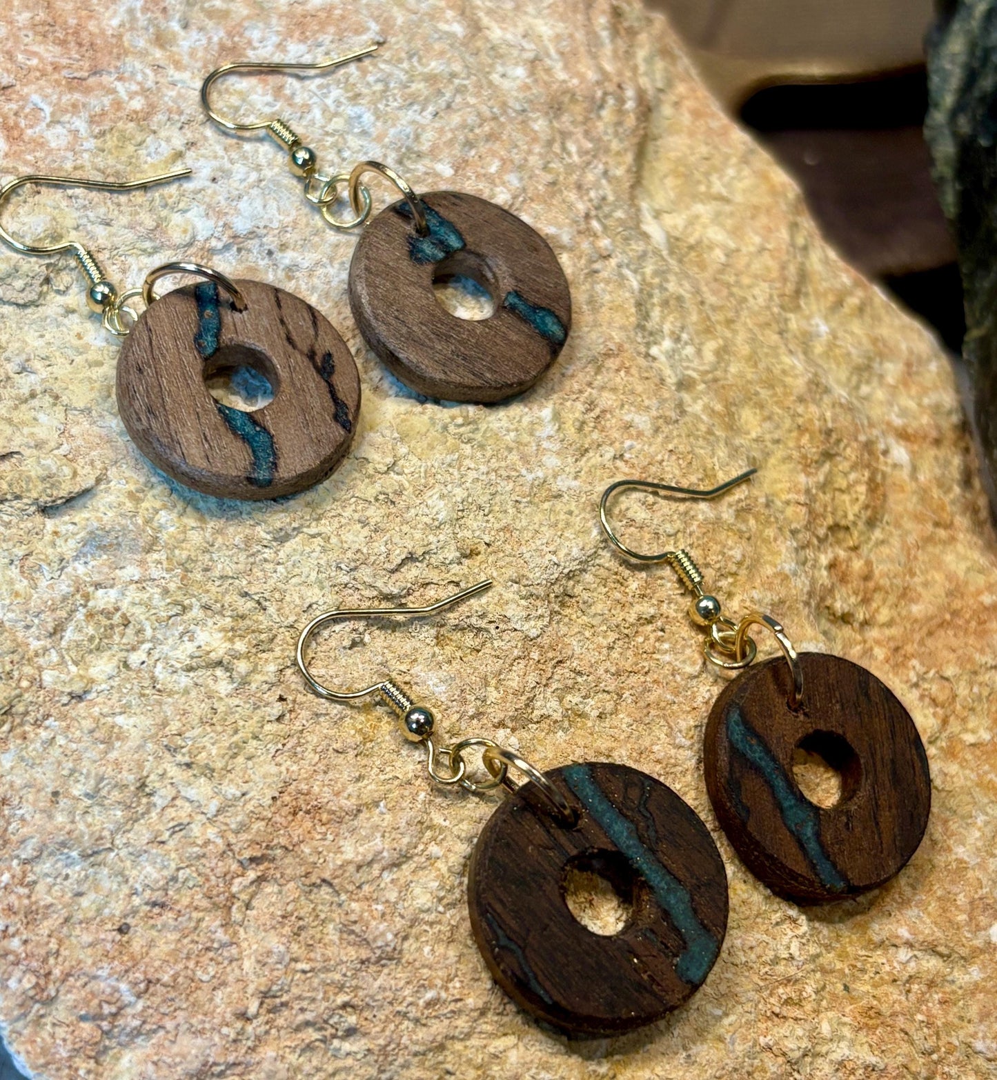 Black Walnut Circle Earrings | Teal Resin Inlay Boho Wood Earrings Consecrated Jewelry Co.