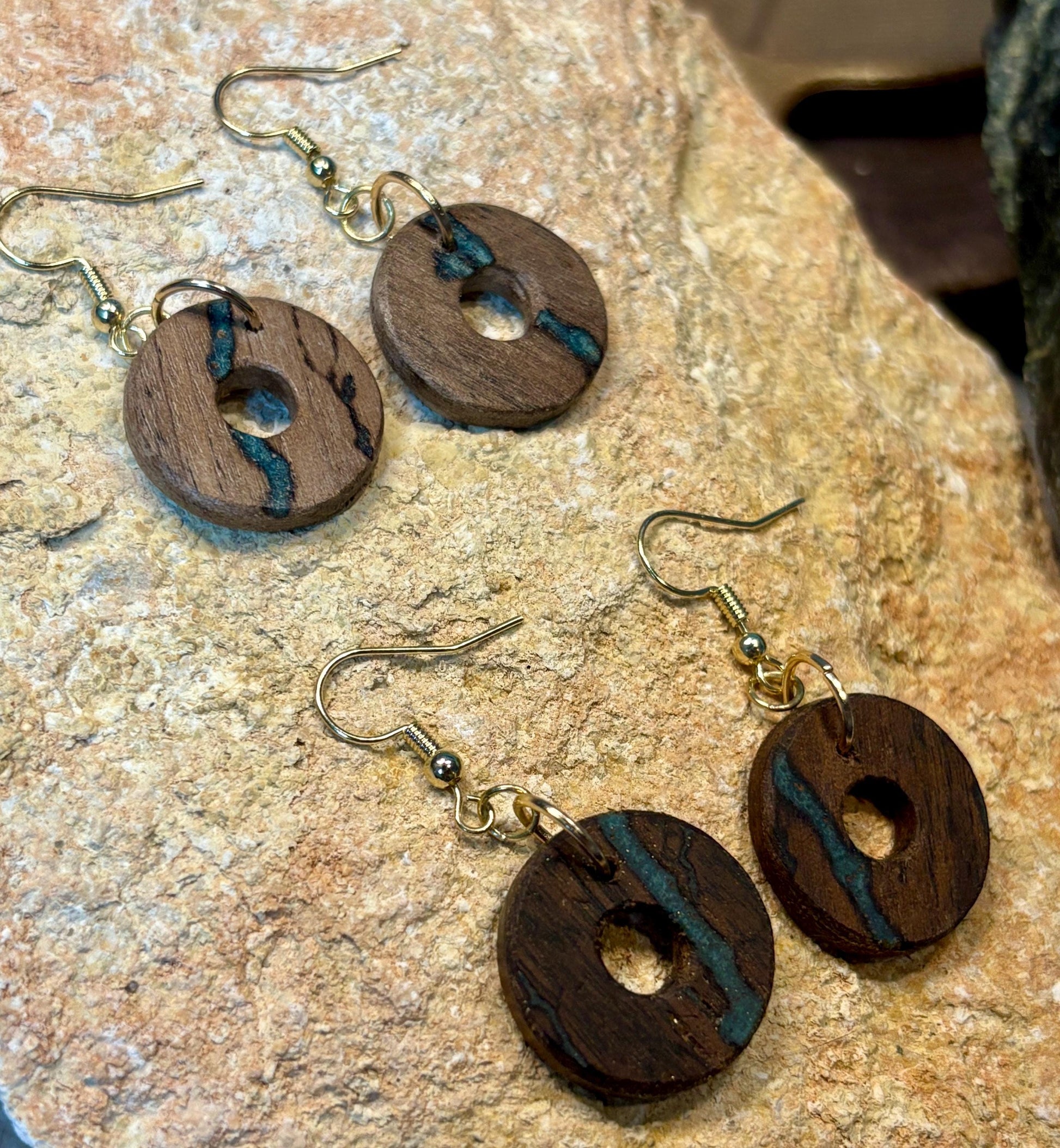 Black Walnut Circle Earrings | Teal Resin Inlay Boho Wood Earrings Consecrated Jewelry Co.