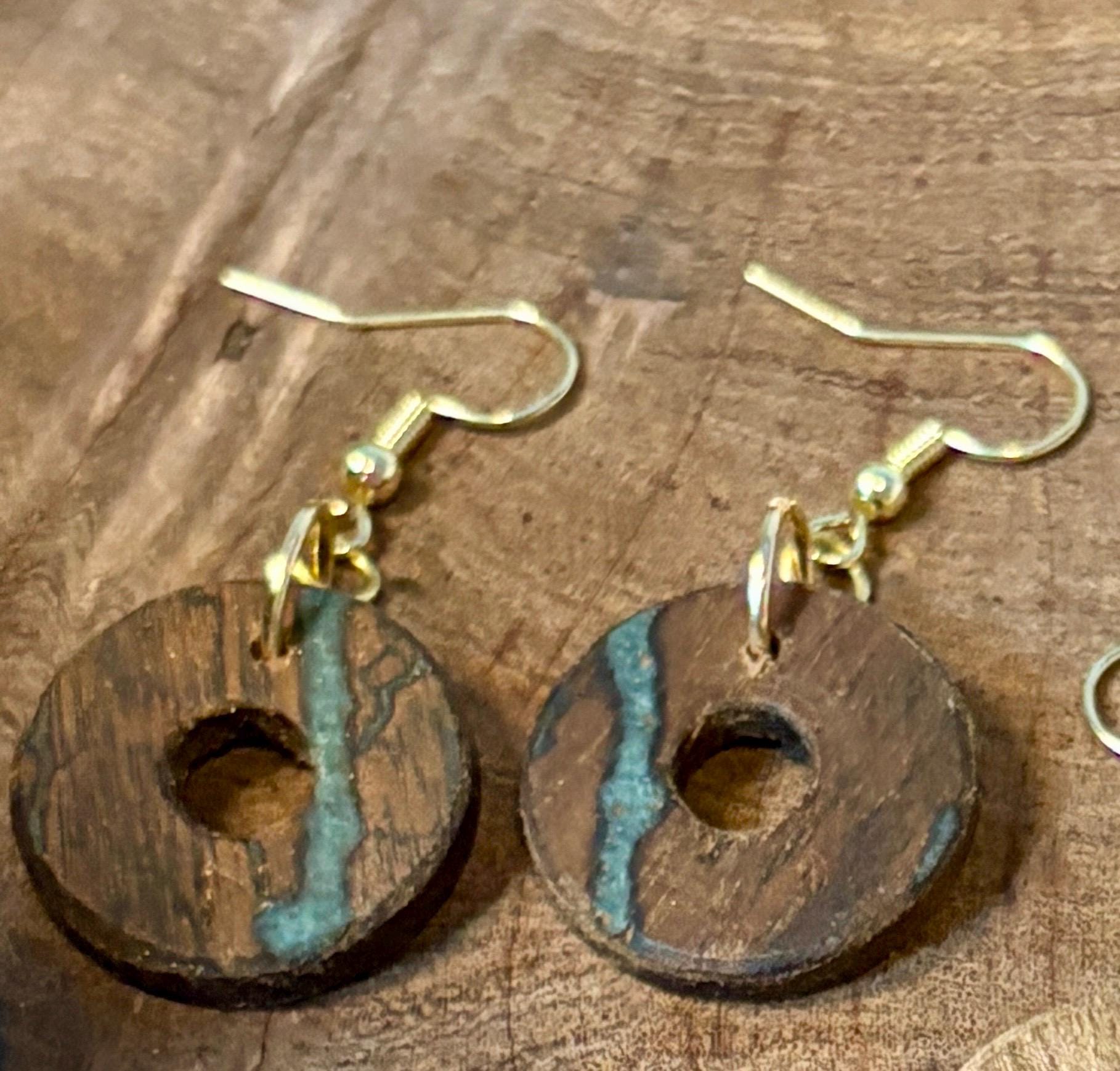 Black Walnut Circle Earrings | Teal Resin Inlay Boho Wood Earrings Consecrated Jewelry Co.
