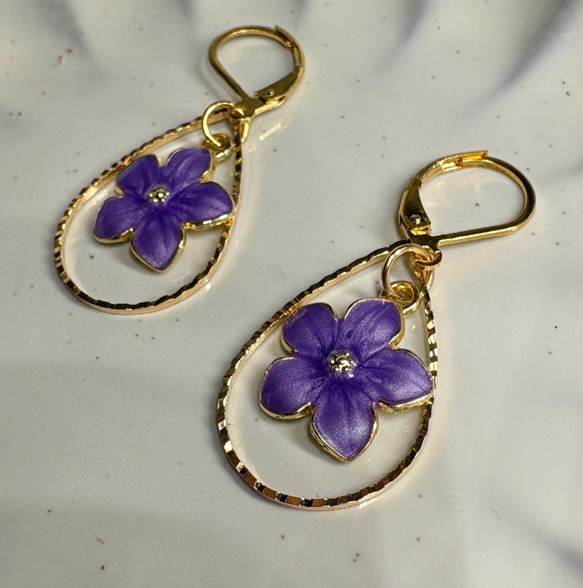 Gold Teardrop Earrings | Dainty Purple Flower Floral Huggie Earrings Consecrated Jewelry Co.