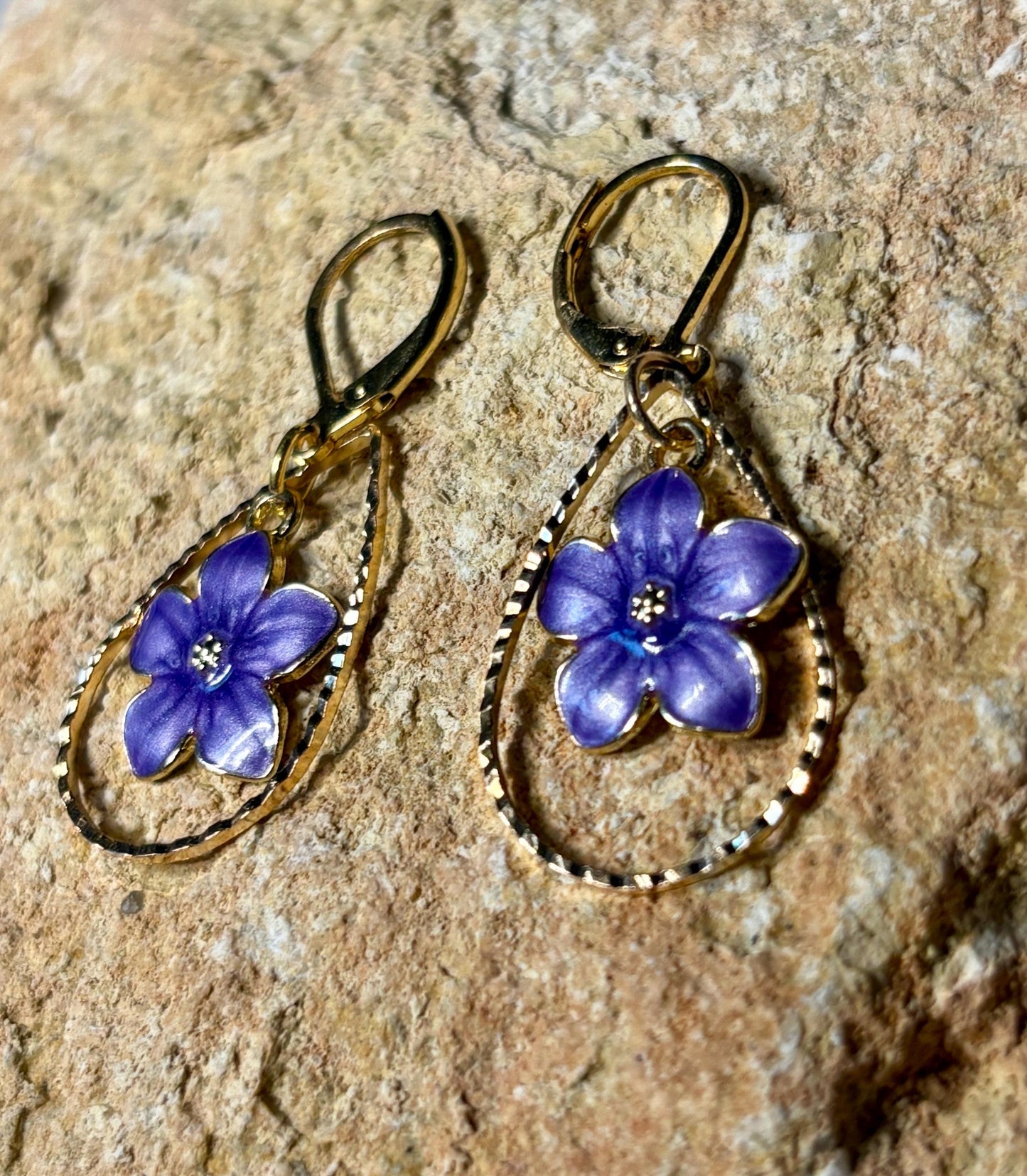 Gold Teardrop Earrings | Dainty Purple Flower Floral Huggie Earrings Consecrated Jewelry Co.
