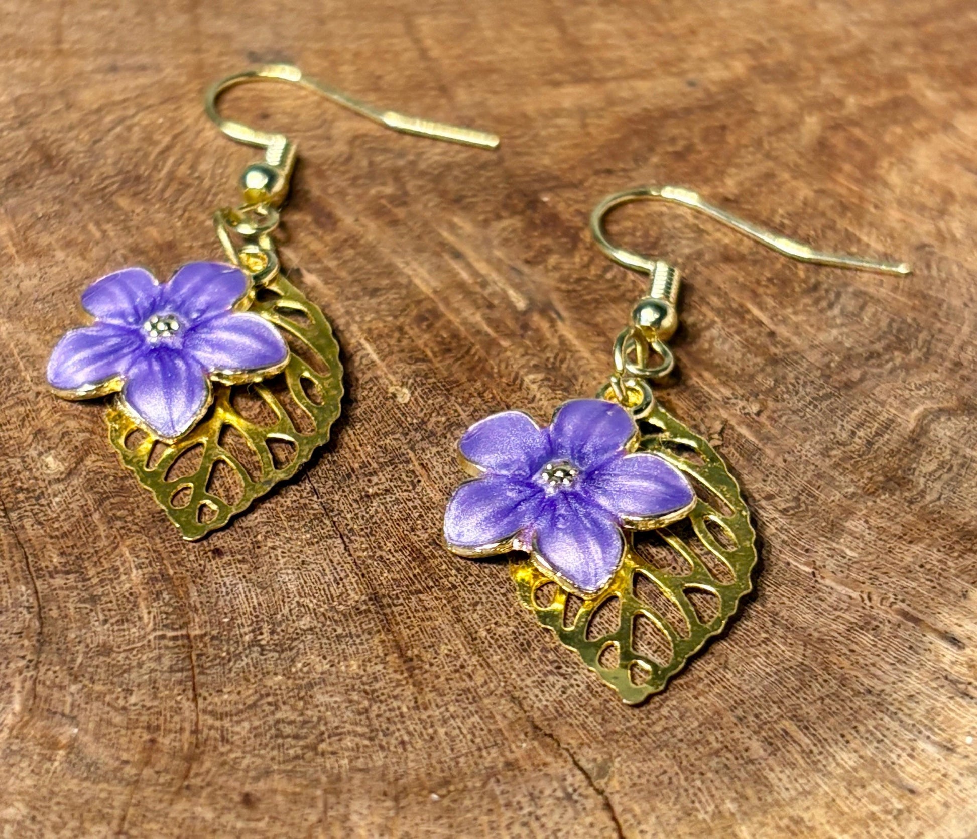 Gold Leaf Purple Flower Earrings | Dainty Floral Dangle Earrings Consecrated Jewelry Co.