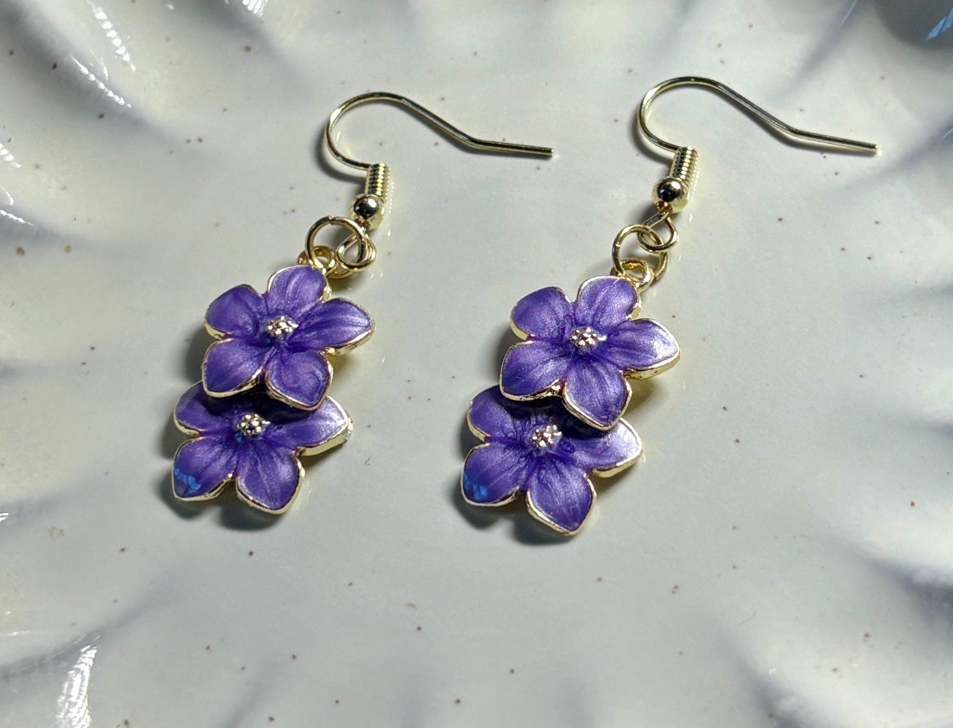 Gold Dangle Earrings | Purple Enamel Flower Botanical Earrings Consecrated Jewelry Co.