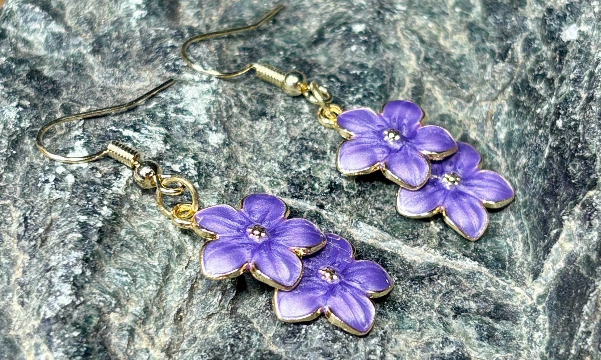 Gold Dangle Earrings | Purple Enamel Flower Botanical Earrings Consecrated Jewelry Co.