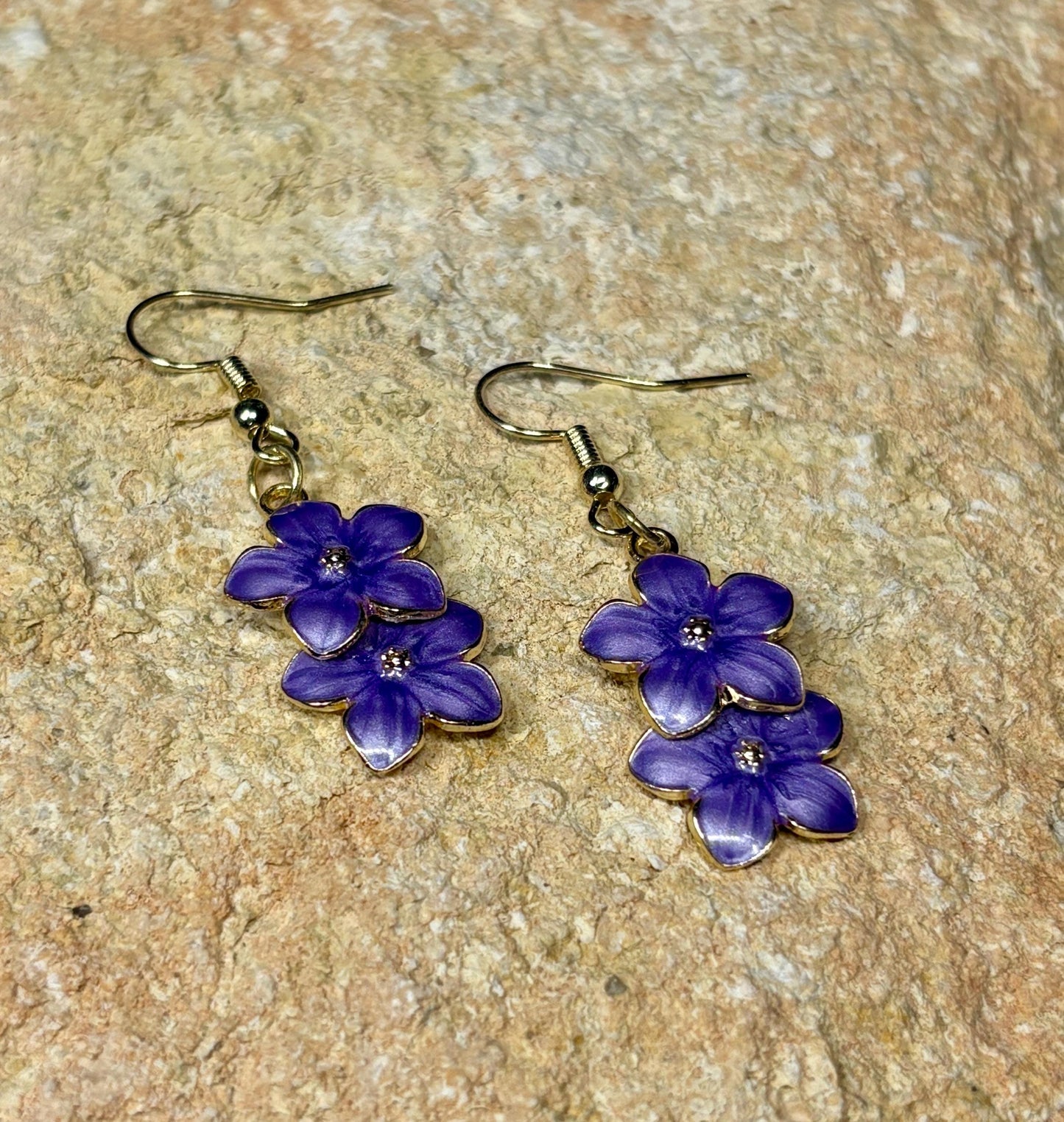 Gold Dangle Earrings | Purple Enamel Flower Botanical Earrings Consecrated Jewelry Co.