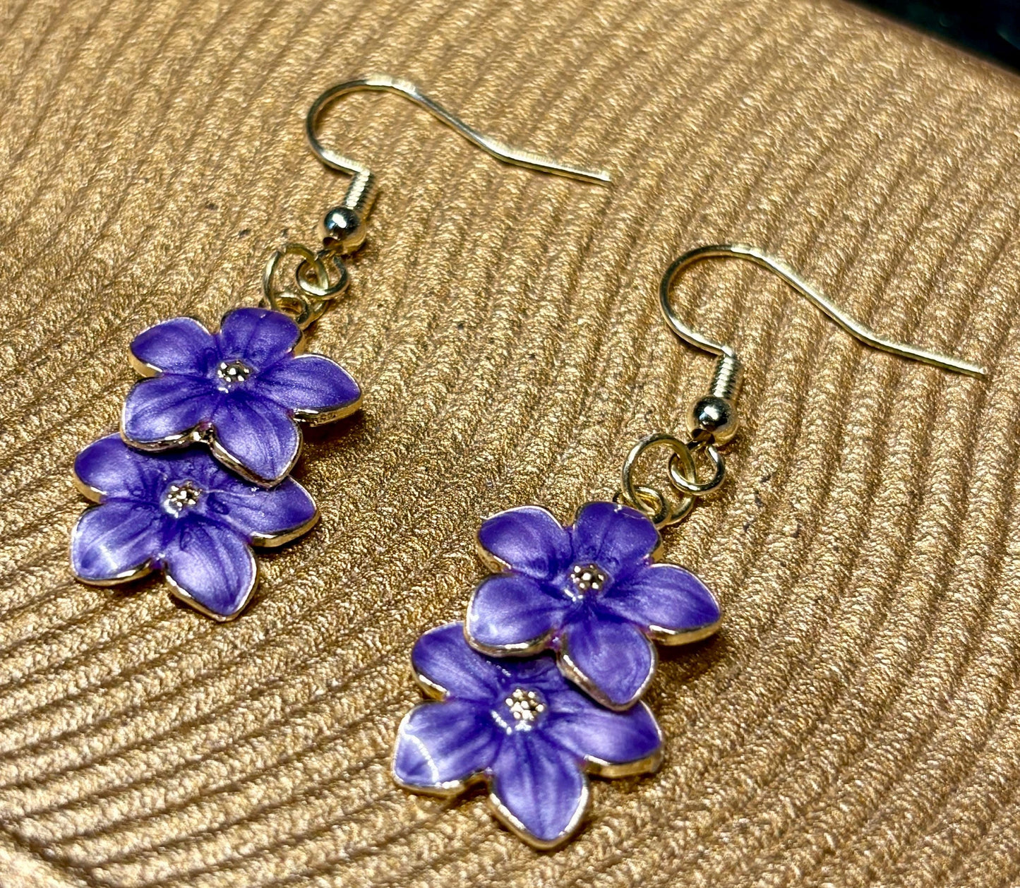 Gold Dangle Earrings | Purple Enamel Flower Botanical Earrings Consecrated Jewelry Co.