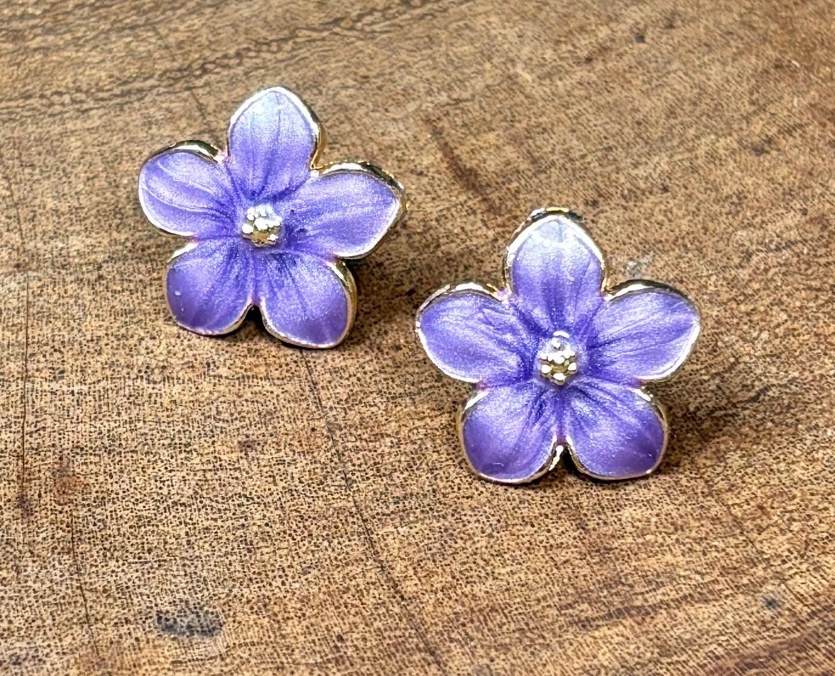 Gold Flower Stud Earrings | Purple Enamel Floral Earrings Consecrated Jewelry Co.