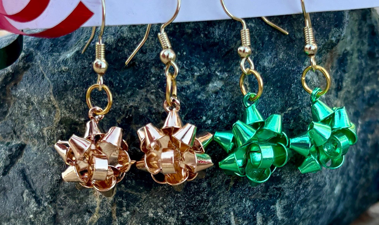 Christmas Bow Dangle Earrings | Colorful Holiday Metal Bows Earrings Consecrated Jewelry Co.