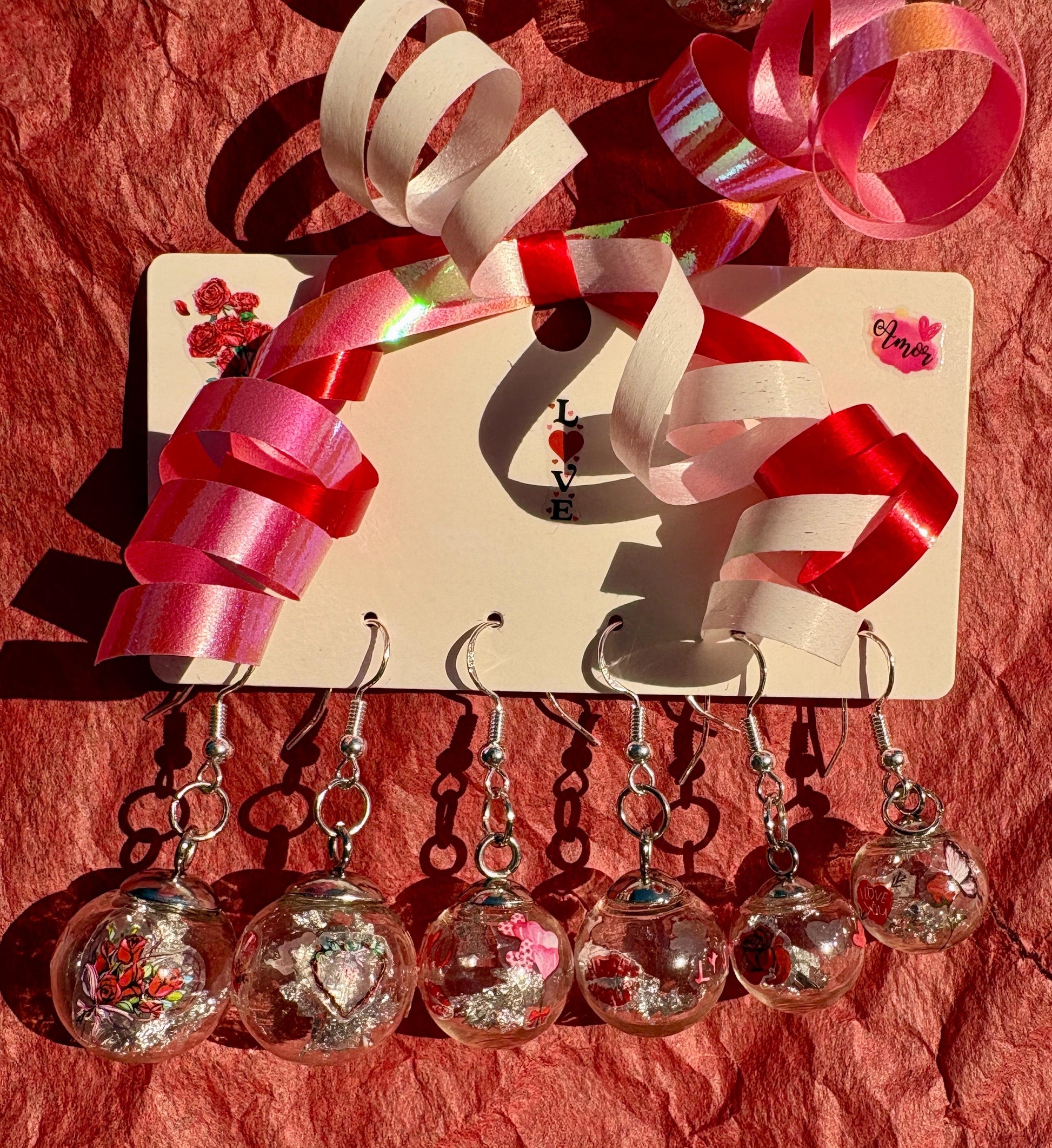Valentine's Globe Ornament Earrings | Set of 3 | Heart Lips Flowers Earrings Consecrated Jewelry Co.