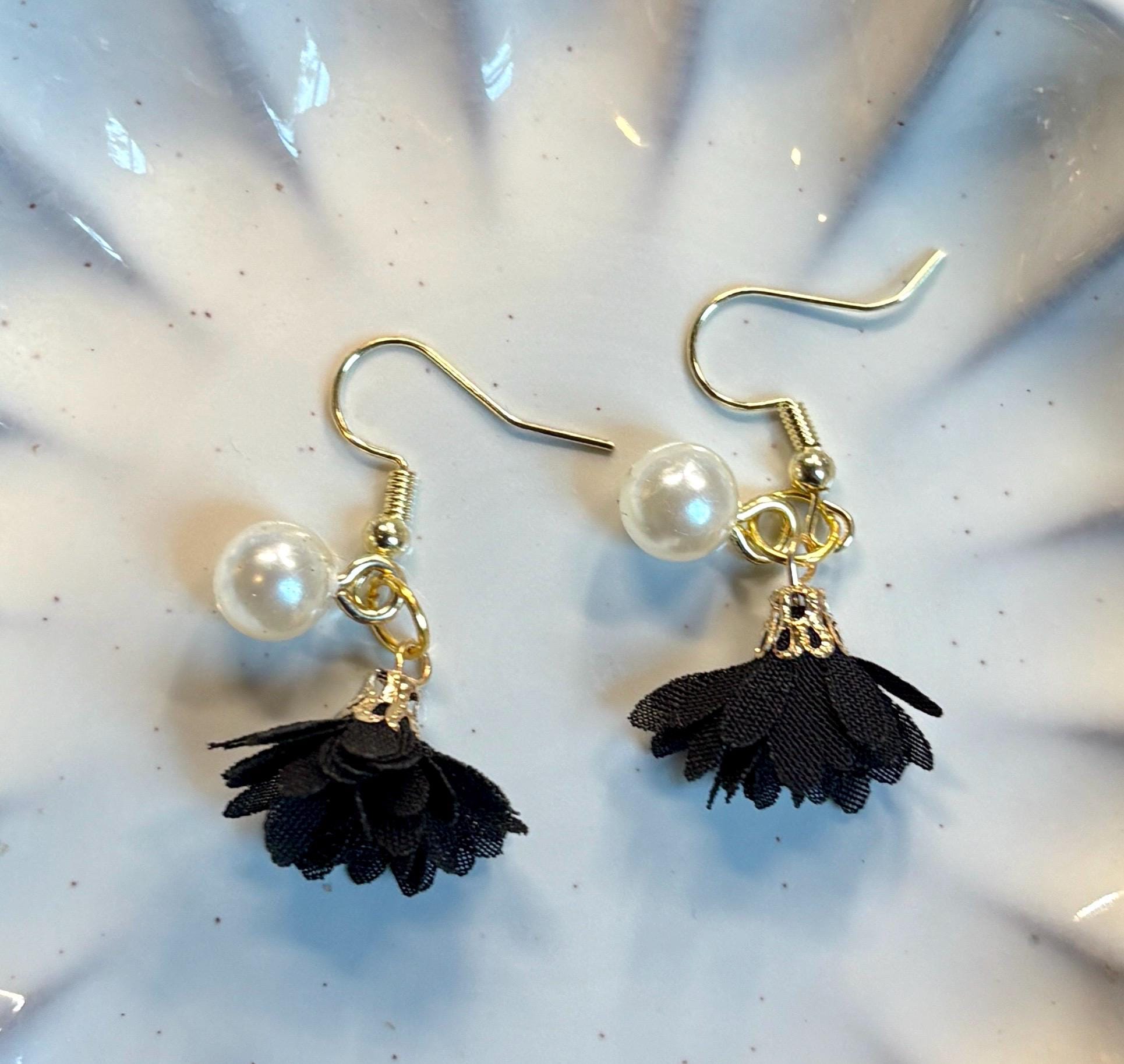 Handmade Floral Fabric Dangle Earrings | Pearl Gold Earrings Consecrated Jewelry Co.