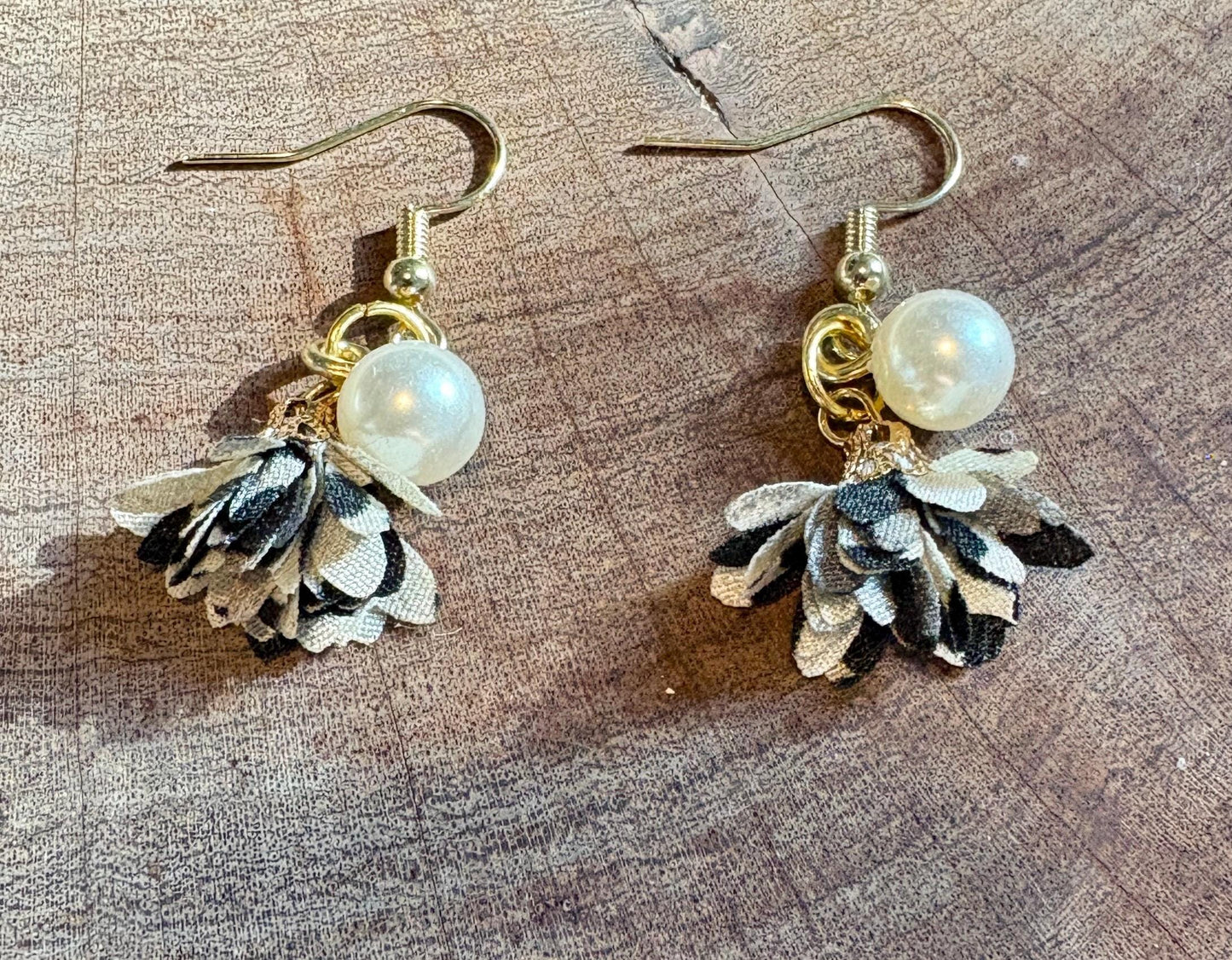 Handmade Floral Fabric Dangle Earrings | Pearl Gold Earrings Consecrated Jewelry Co.
