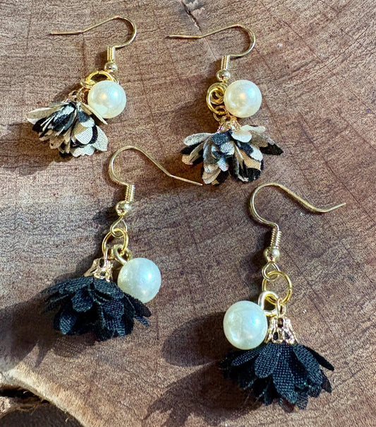 Handmade Floral Fabric Dangle Earrings | Pearl Gold Earrings Consecrated Jewelry Co.