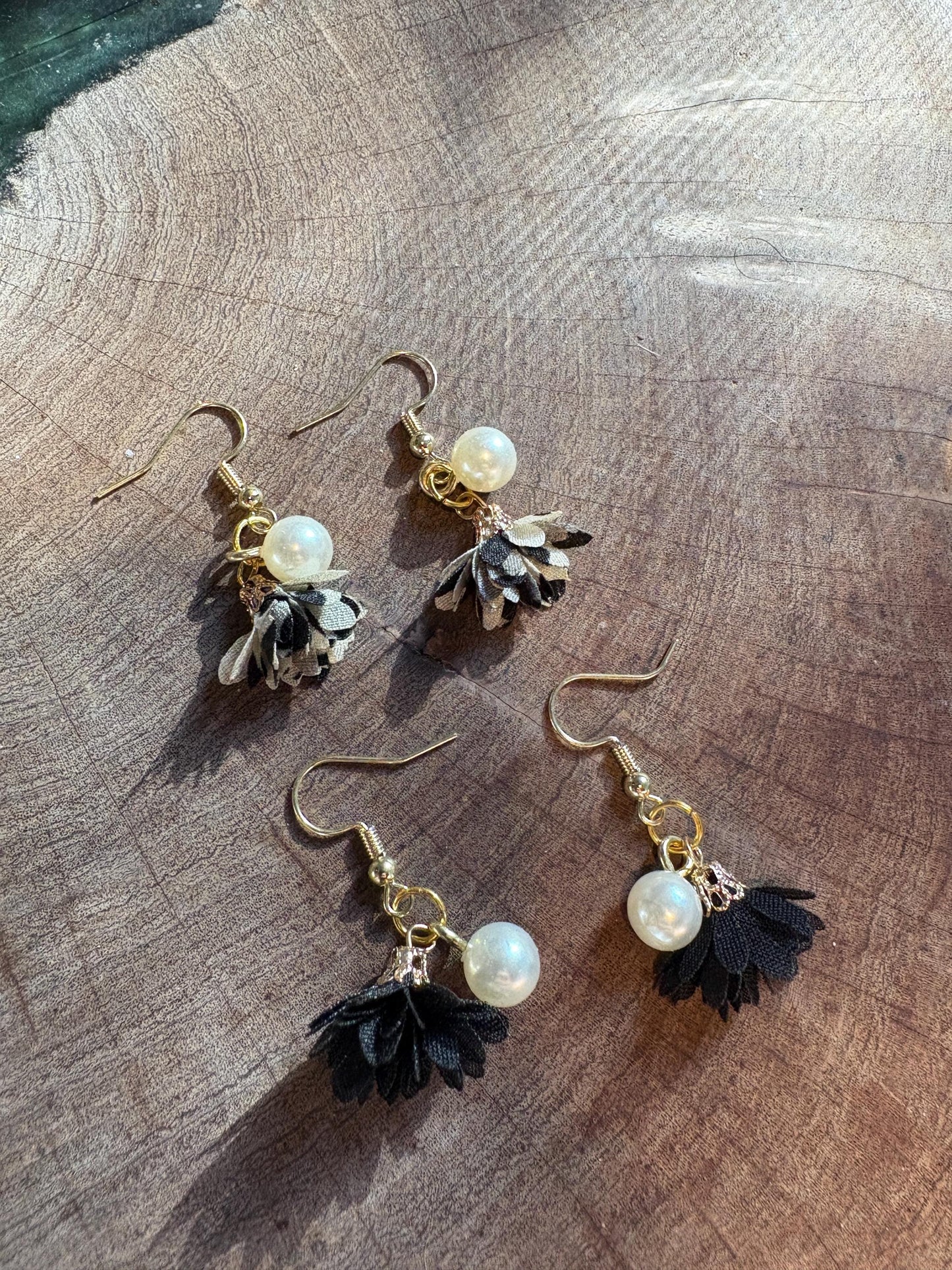 Handmade Floral Fabric Dangle Earrings | Pearl Gold Earrings Consecrated Jewelry Co.