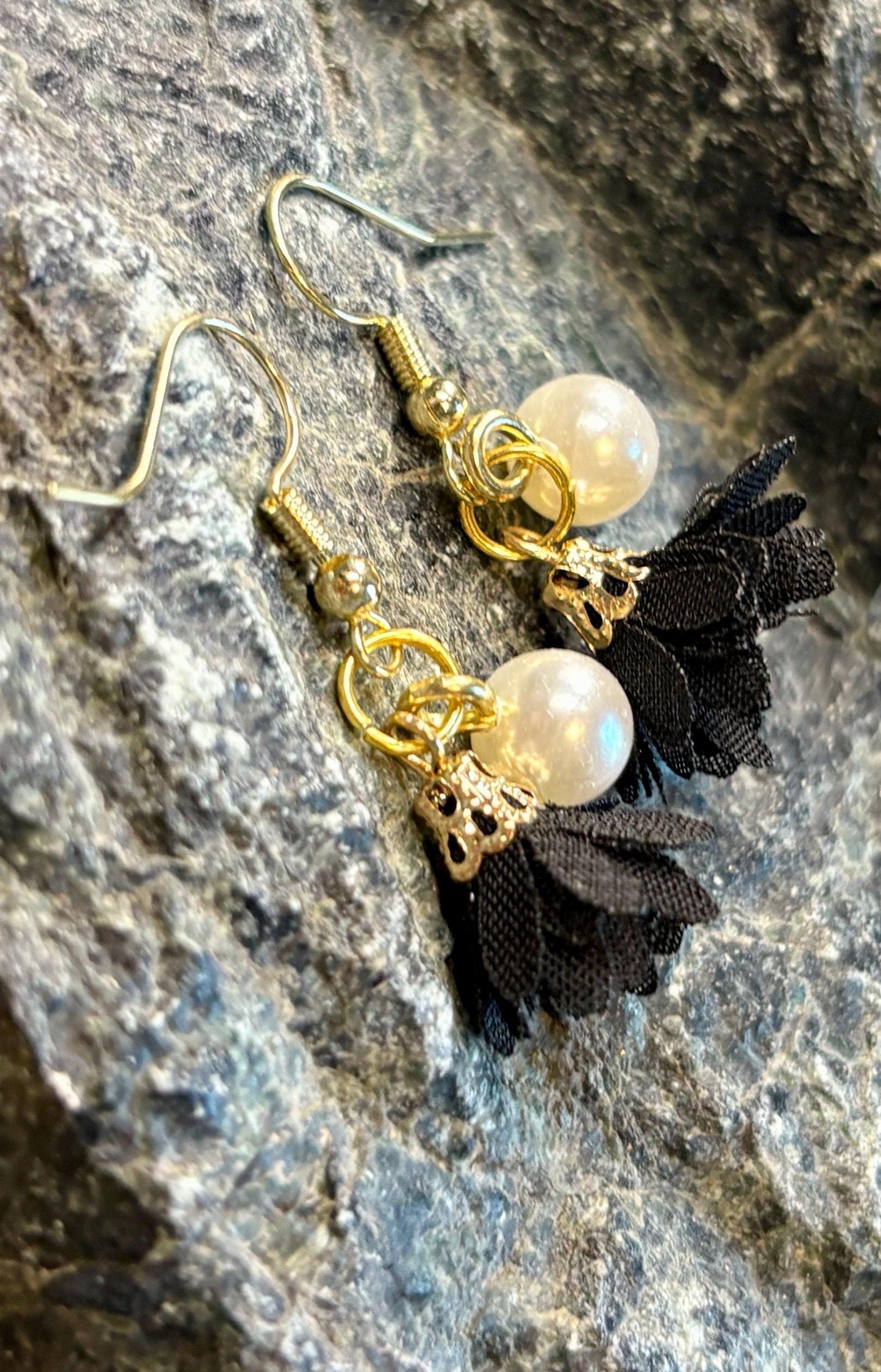 Handmade Floral Fabric Dangle Earrings | Pearl Gold Earrings Consecrated Jewelry Co.