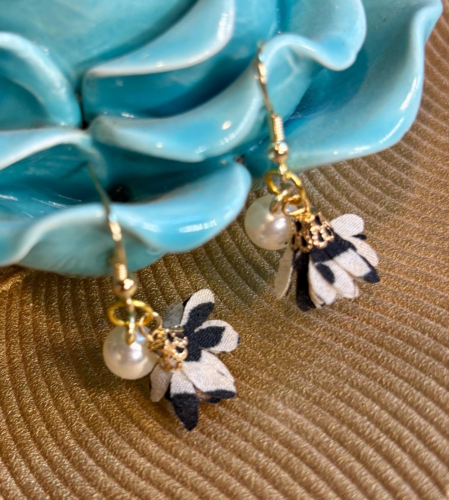 Handmade Floral Fabric Dangle Earrings | Pearl Gold Earrings Consecrated Jewelry Co.