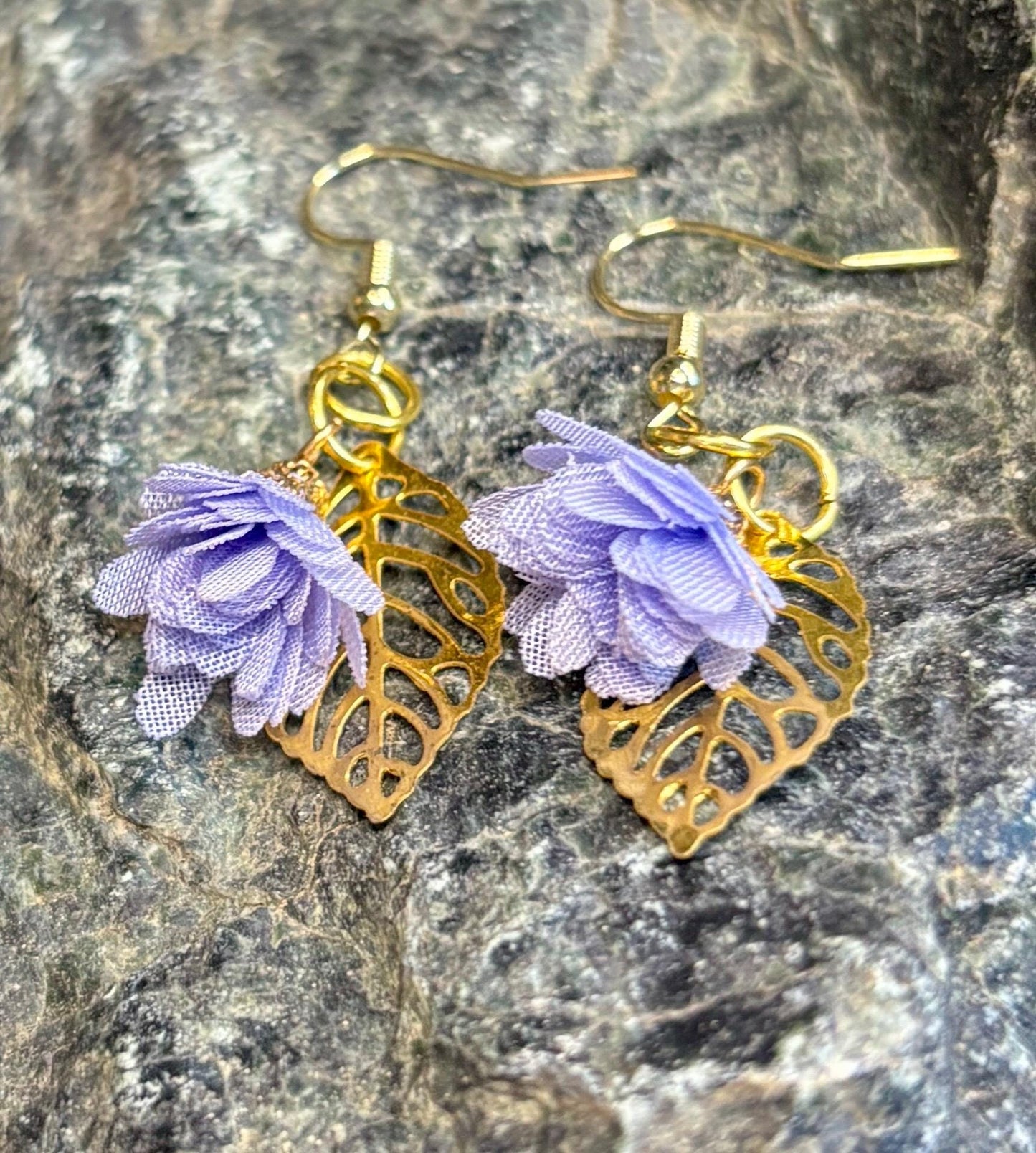 Handmade Gold Leaf Dangle Earrings | Fabric Floral Charm Earrings Consecrated Jewelry Co.