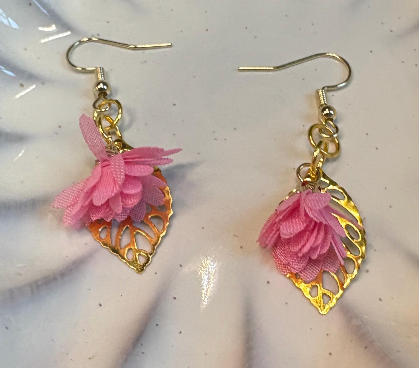 Handmade Gold Leaf Dangle Earrings | Fabric Floral Charm Earrings Consecrated Jewelry Co.