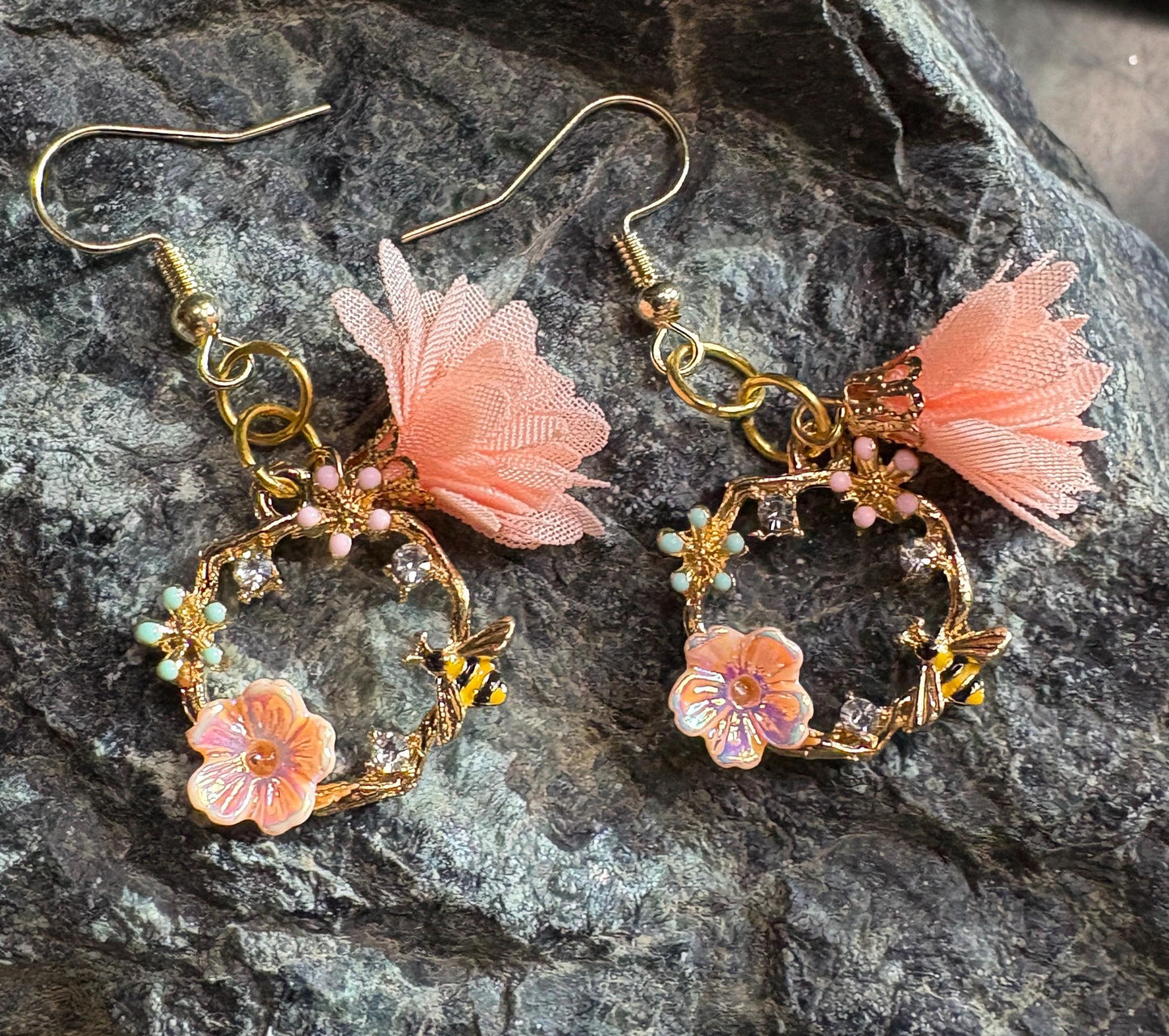 Gold Floral Bee Dangle Earrings | Crystal Garden Jewelry Earrings Consecrated Jewelry Co.