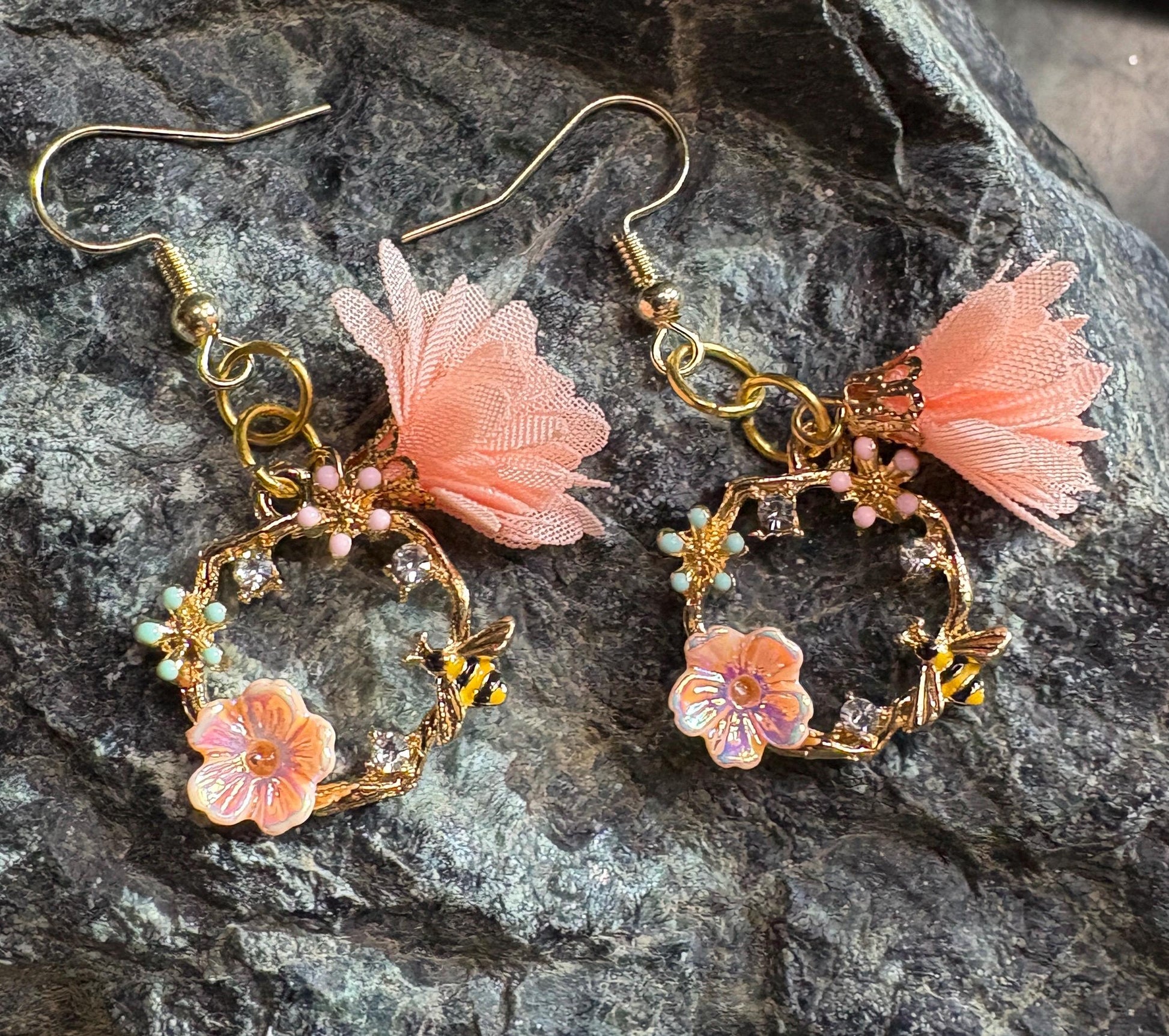 Gold Floral Bee Dangle Earrings | Crystal Garden Jewelry Earrings Consecrated Jewelry Co.