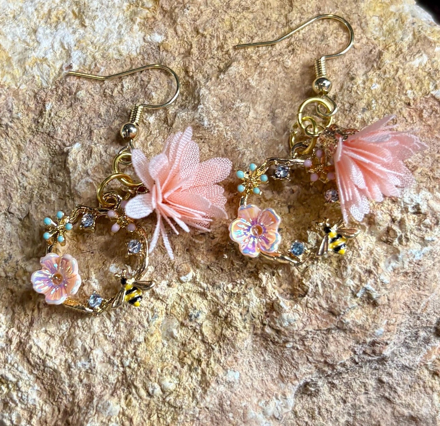 Gold Floral Bee Dangle Earrings | Crystal Garden Jewelry Earrings Consecrated Jewelry Co.