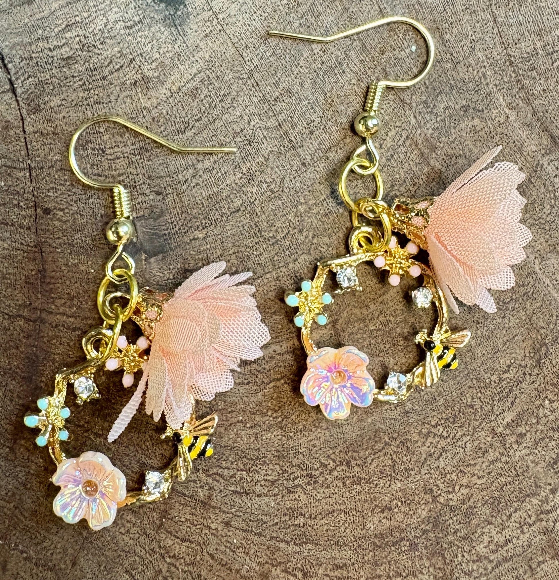 Gold Floral Bee Dangle Earrings | Crystal Garden Jewelry Earrings Consecrated Jewelry Co.