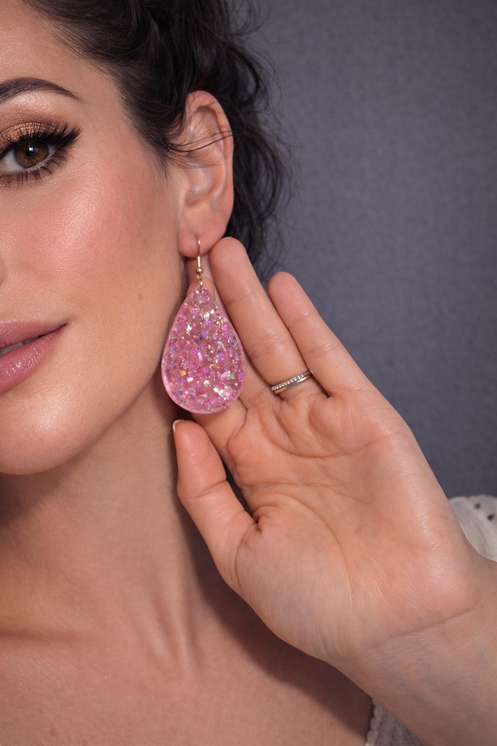 Handmade Glitter Resin Teardrop Earrings | Purple Pink Shimmer Earrings Consecrated Jewelry Co.