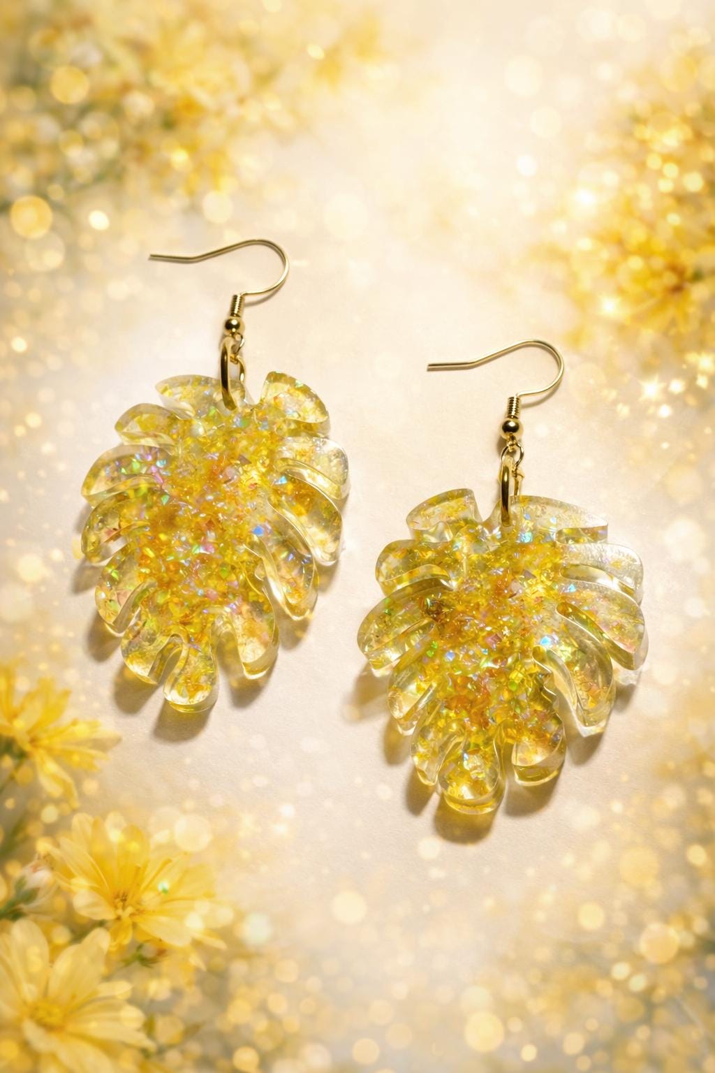 Monstera Leaf Dangle Earrings | Purple Clear Resin Gold Flakes Earrings Consecrated Jewelry Co.