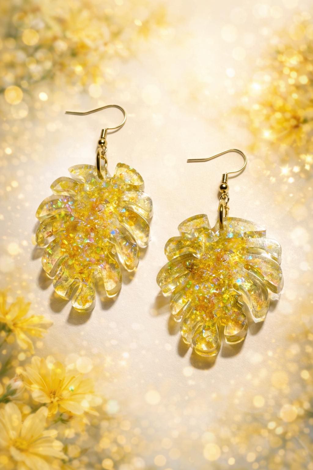 Monstera Leaf Dangle Earrings | Yellow Resin Glitter Shimmer Earrings Consecrated Jewelry Co.
