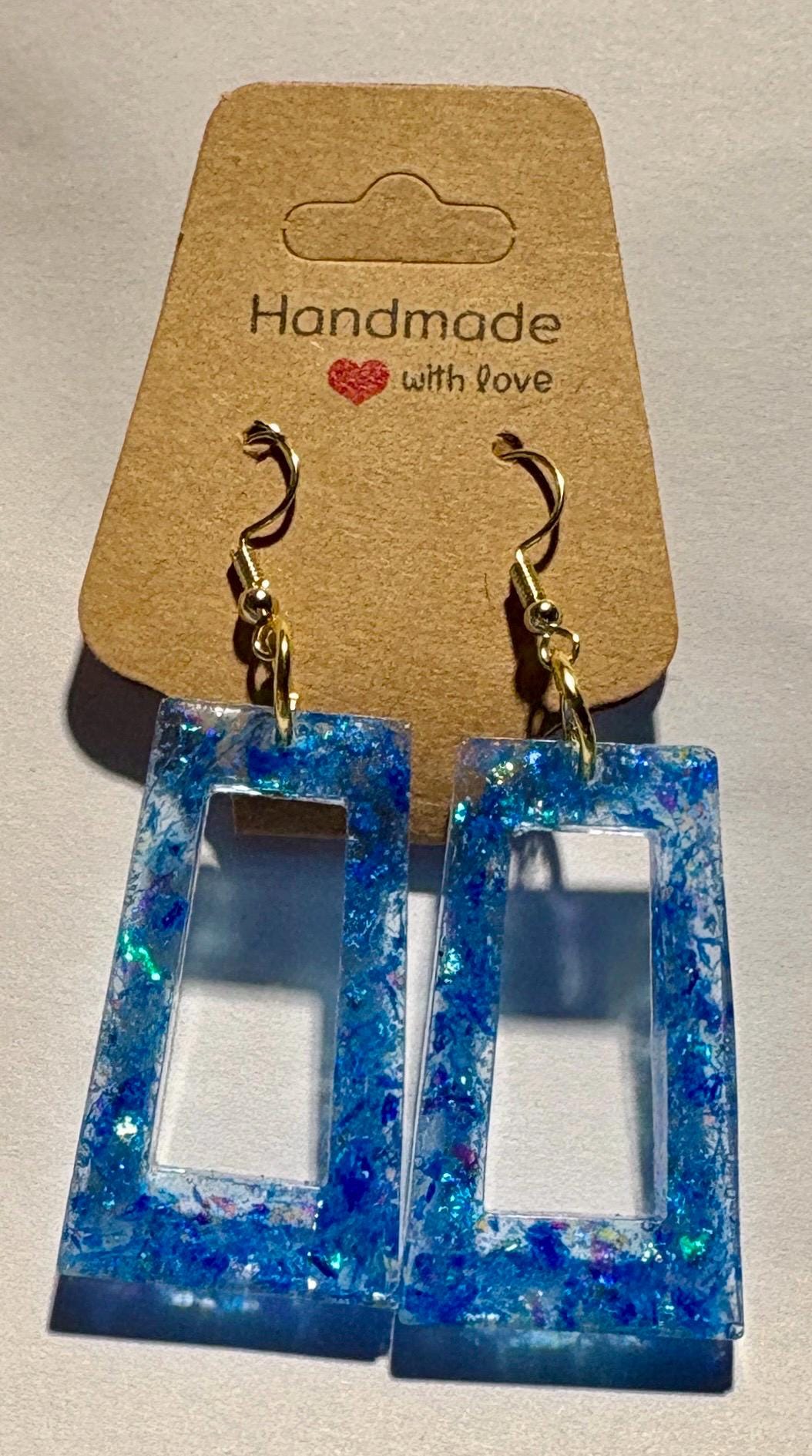 Handmade Glitter Resin Rectangle Earrings | Blue Sparkle Dangle Earrings Consecrated Jewelry Co.