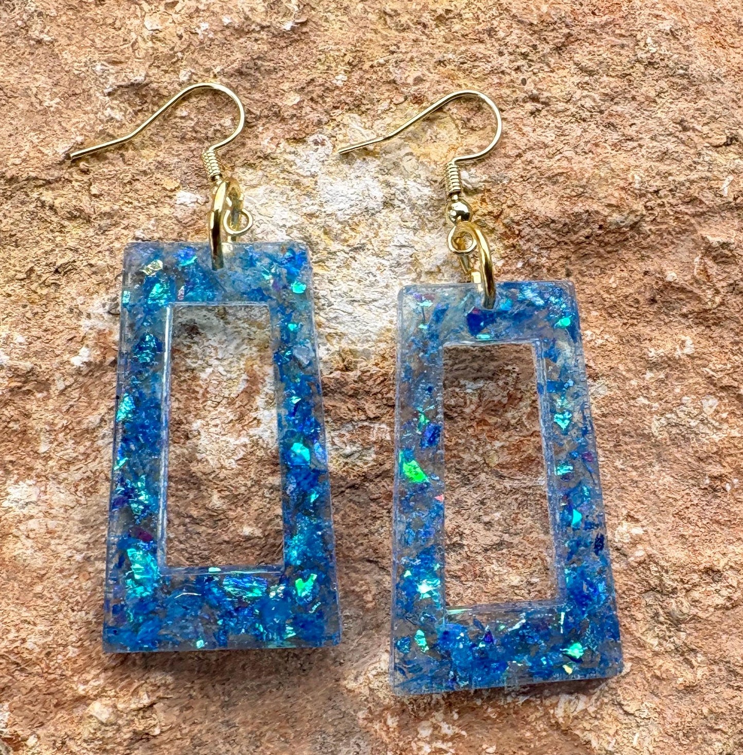 Handmade Glitter Resin Rectangle Earrings | Blue Sparkle Dangle Earrings Consecrated Jewelry Co.