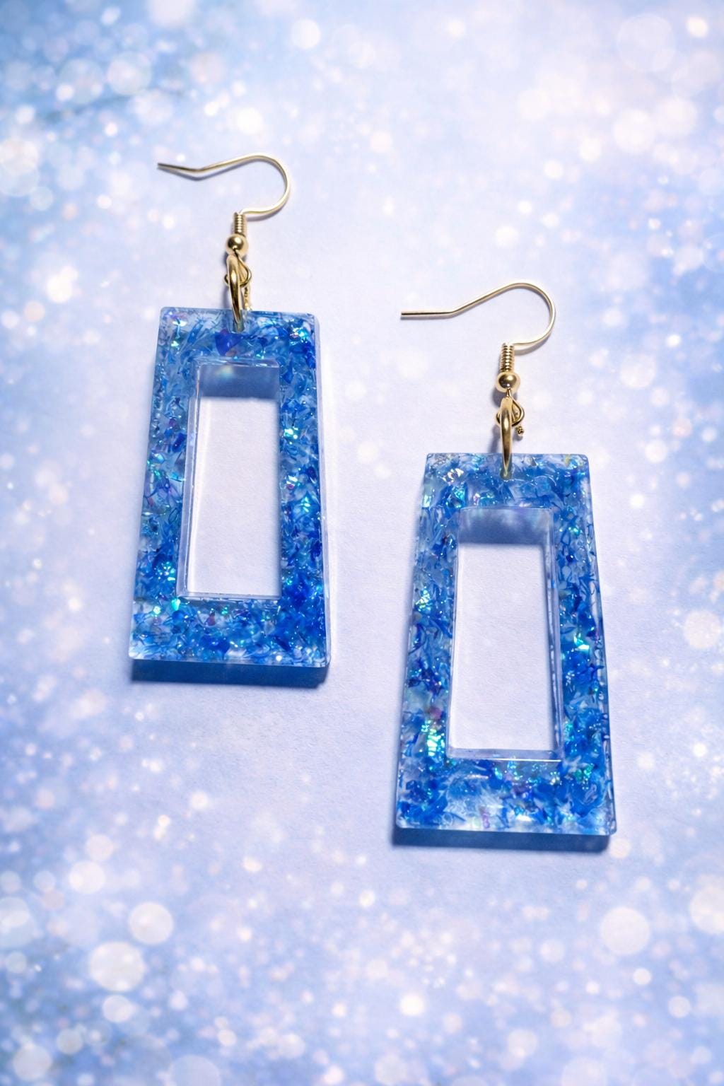 Handmade Glitter Resin Rectangle Earrings | Blue Sparkle Dangle Earrings Consecrated Jewelry Co.