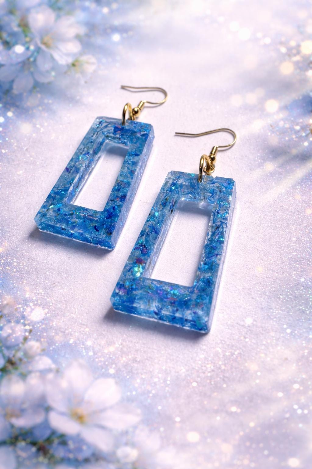 Handmade Glitter Resin Rectangle Earrings | Blue Sparkle Dangle Earrings Consecrated Jewelry Co.