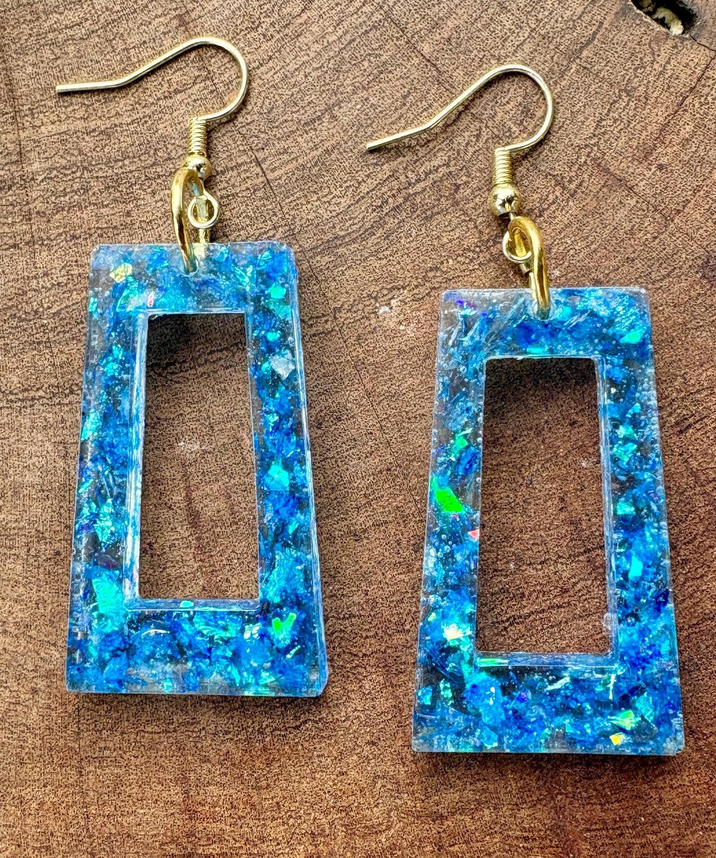 Handmade Glitter Resin Rectangle Earrings | Blue Sparkle Dangle Earrings Consecrated Jewelry Co.