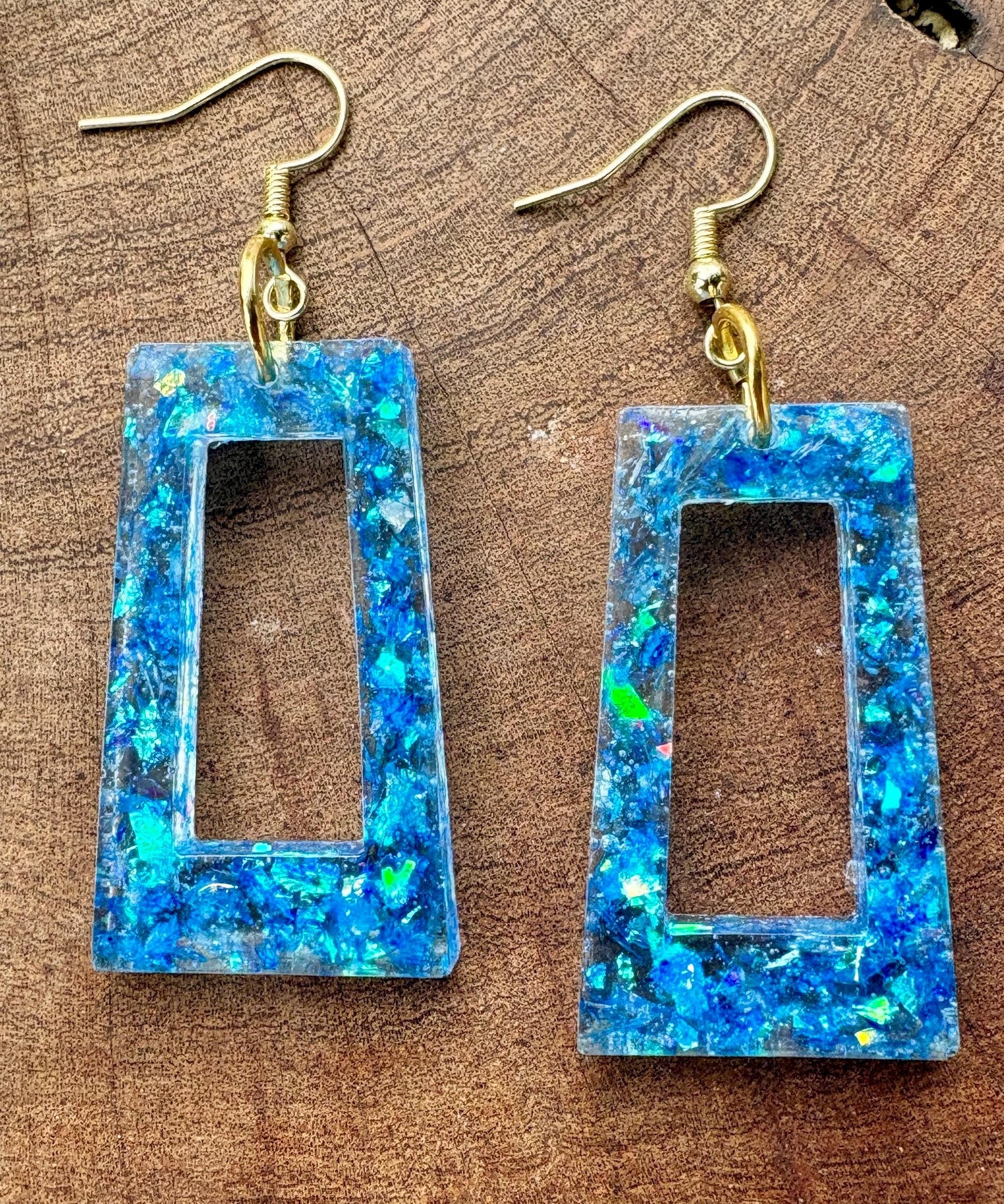 Handmade Glitter Resin Rectangle Earrings | Blue Sparkle Dangle Earrings Consecrated Jewelry Co.