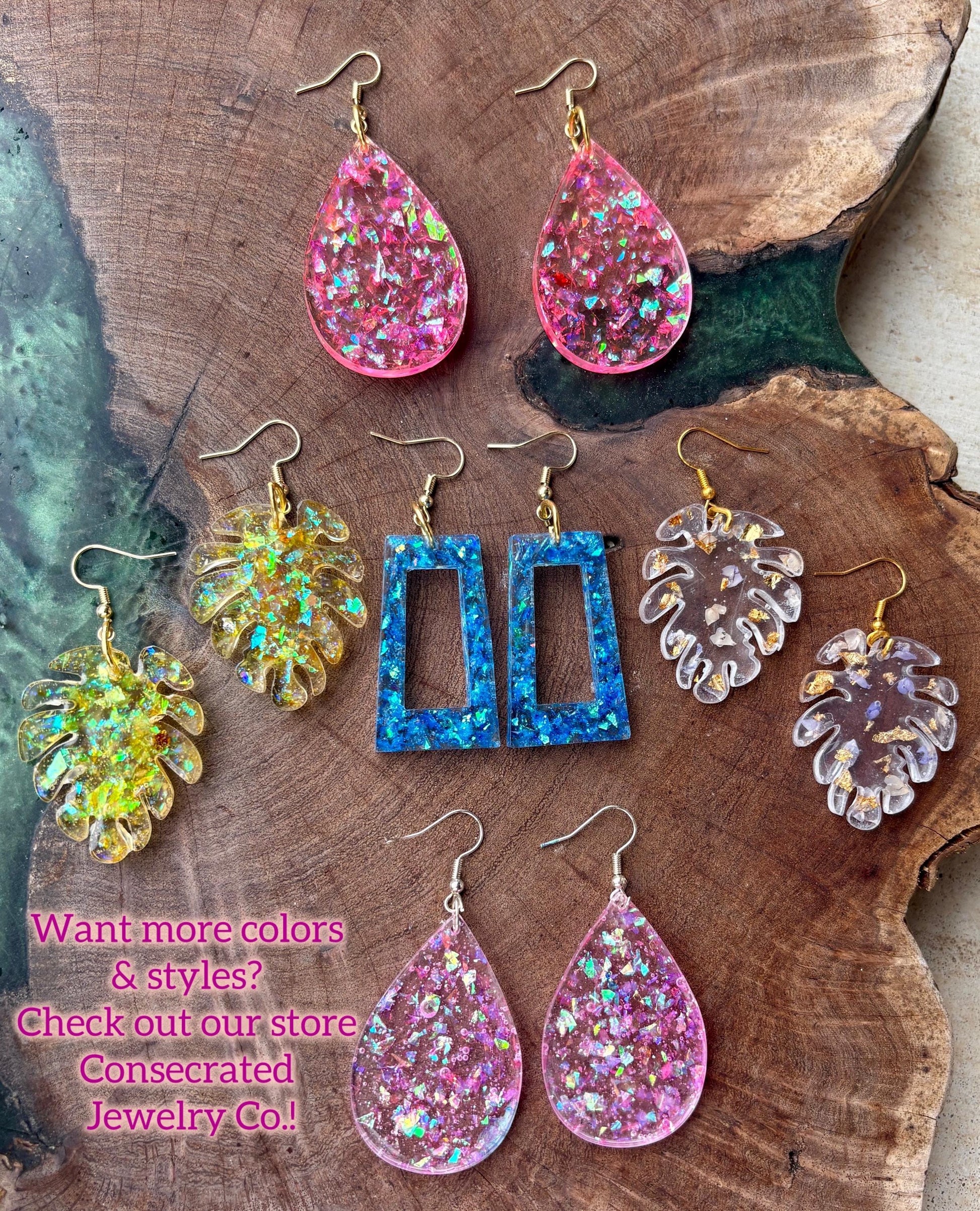 Tropical Leaf Dangle Earrings | Teal Blue Flower Gold Colorful Earrings Consecrated Jewelry Co.