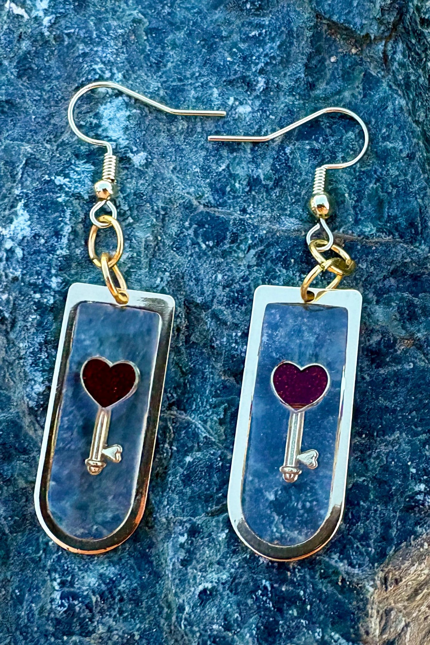 Gold Resin Heart & Key Dangle Earrings | Red Lock Romantic Earrings Consecrated Jewelry Co.