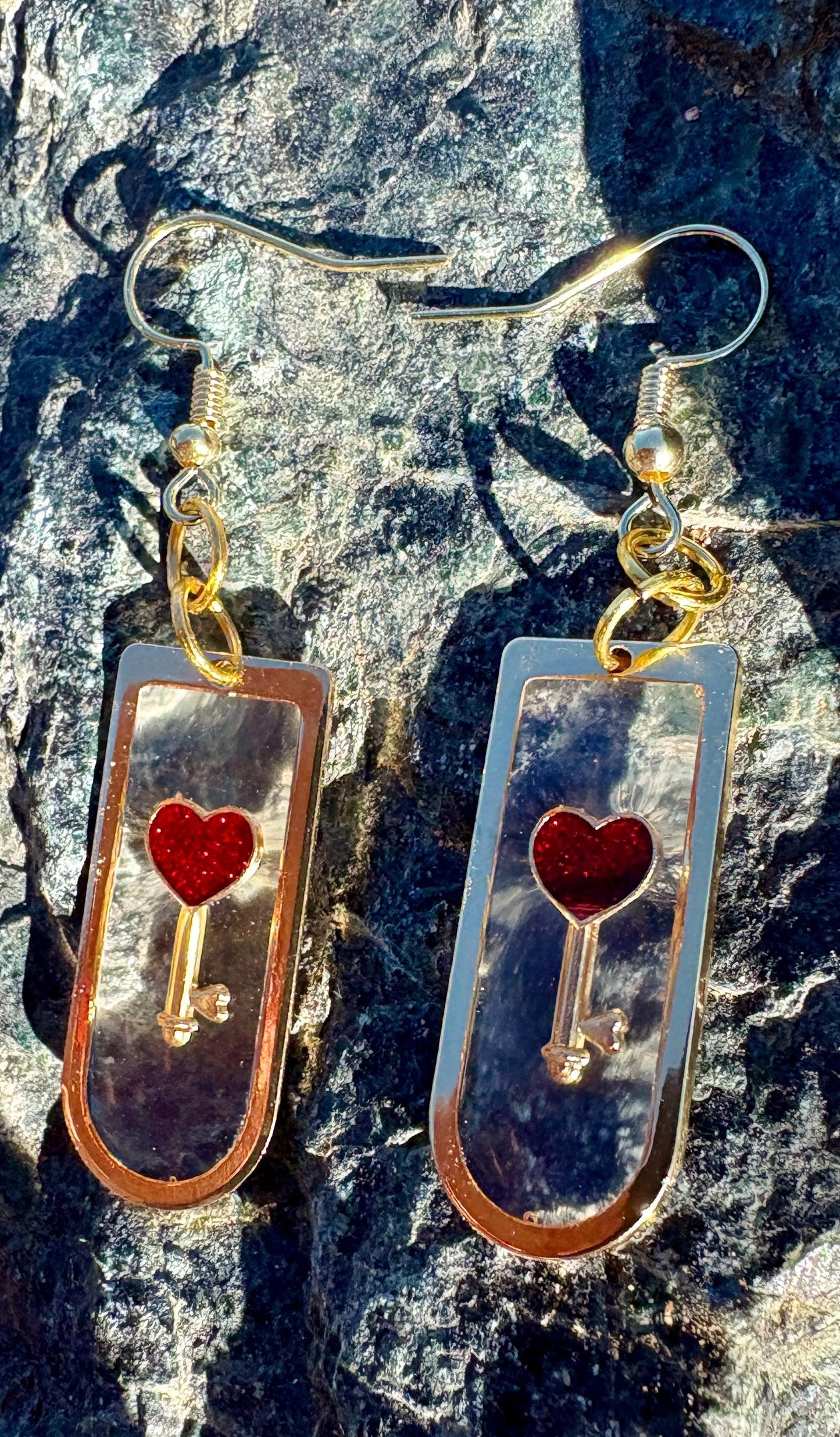 Gold Resin Heart & Key Dangle Earrings | Red Lock Romantic Earrings Consecrated Jewelry Co.