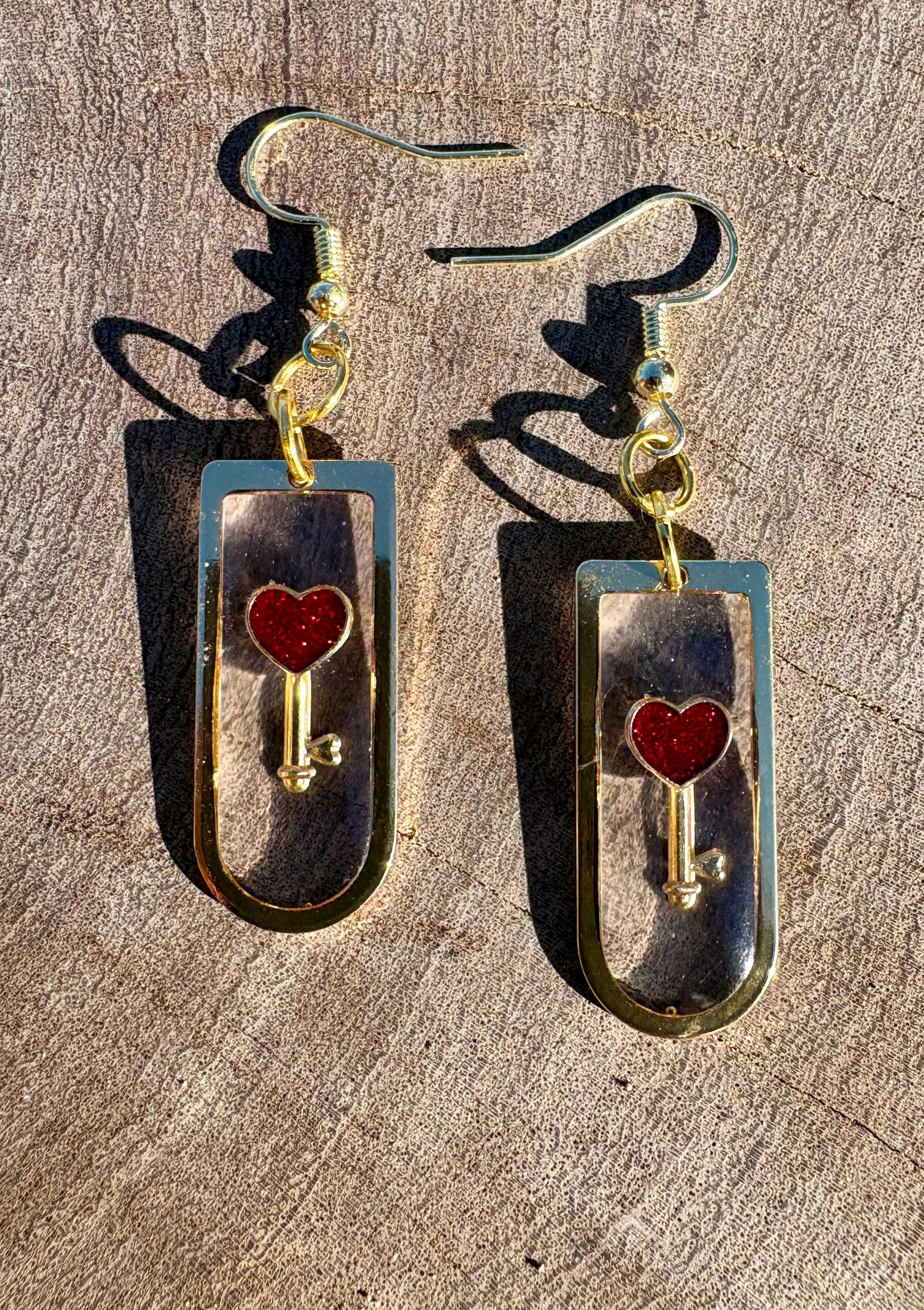 Gold Resin Heart & Key Dangle Earrings | Red Lock Romantic Earrings Consecrated Jewelry Co.