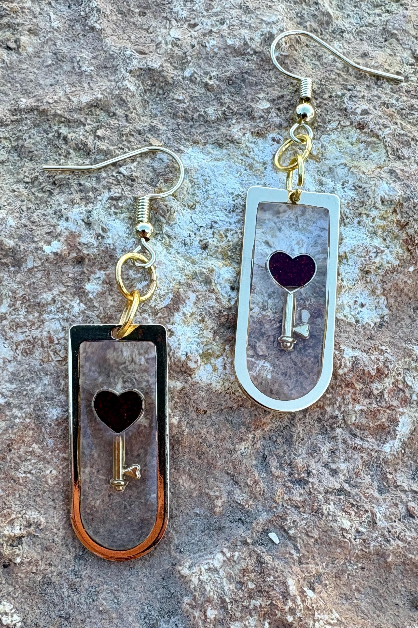 Gold Resin Heart & Key Dangle Earrings | Red Lock Romantic Earrings Consecrated Jewelry Co.