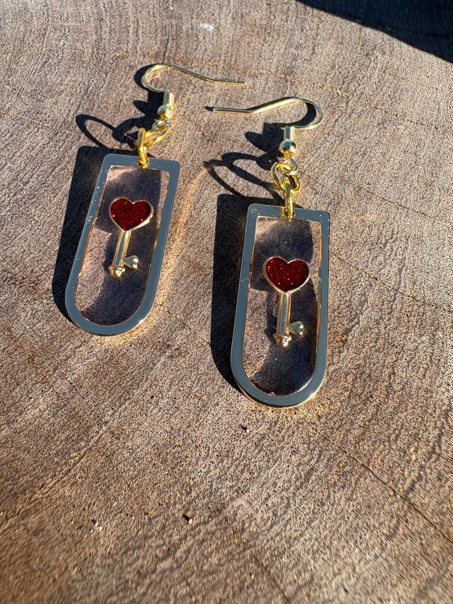 Gold Resin Heart & Key Dangle Earrings | Red Lock Romantic Earrings Consecrated Jewelry Co.