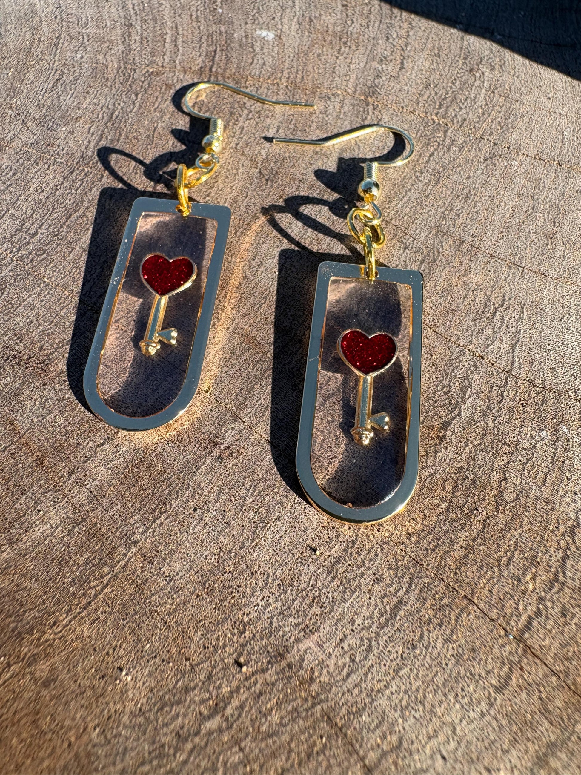 Gold Resin Heart & Key Dangle Earrings | Red Lock Romantic Earrings Consecrated Jewelry Co.