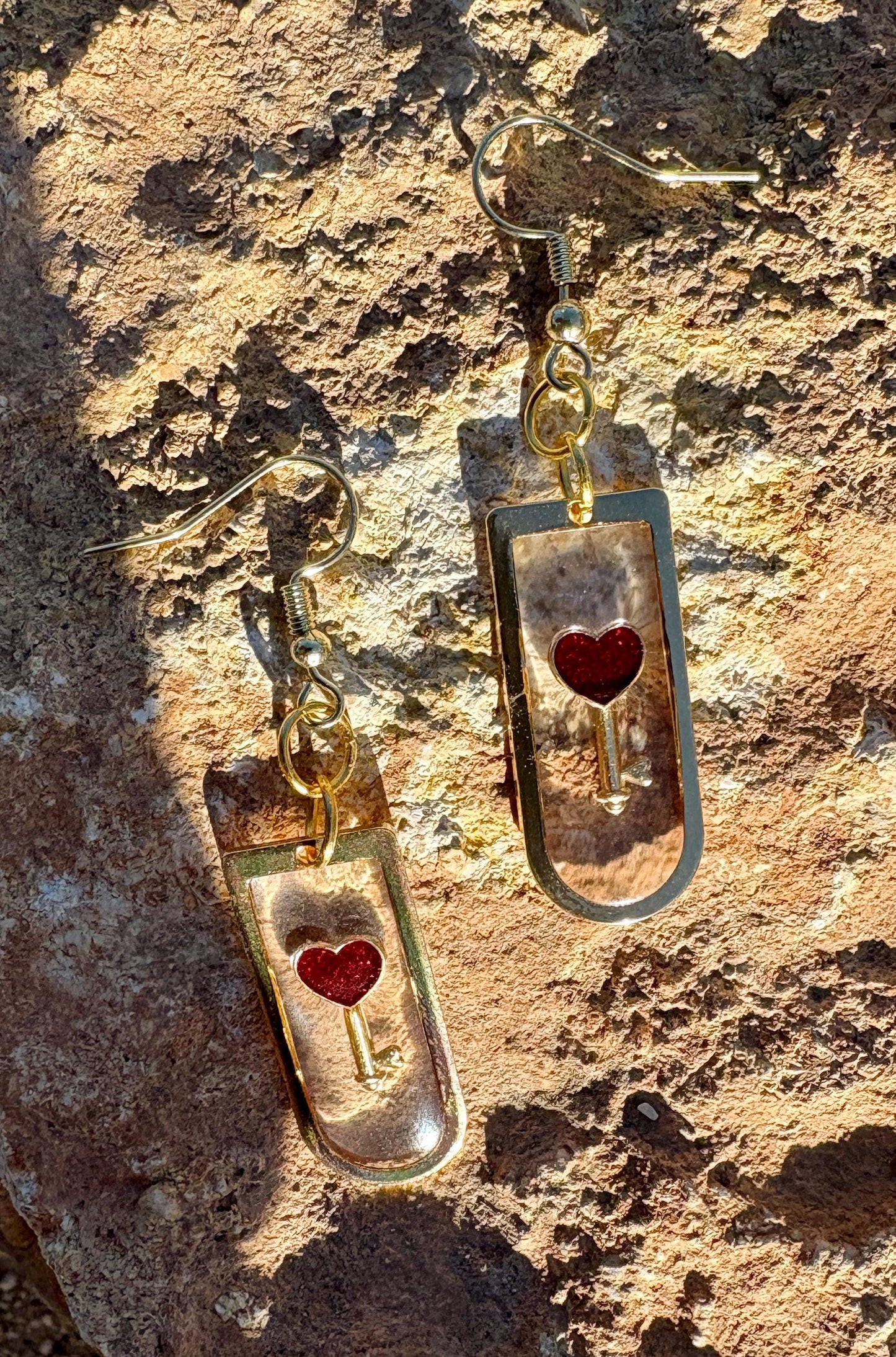 Gold Resin Heart & Key Dangle Earrings | Red Lock Romantic Earrings Consecrated Jewelry Co.