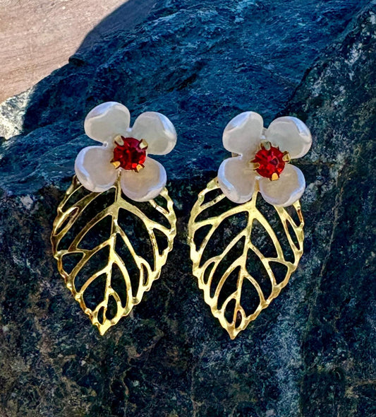 Gold Leaf White & Red Floral Earrings | Gemstone Cutout Leaf Earrings Consecrated Jewelry Co.