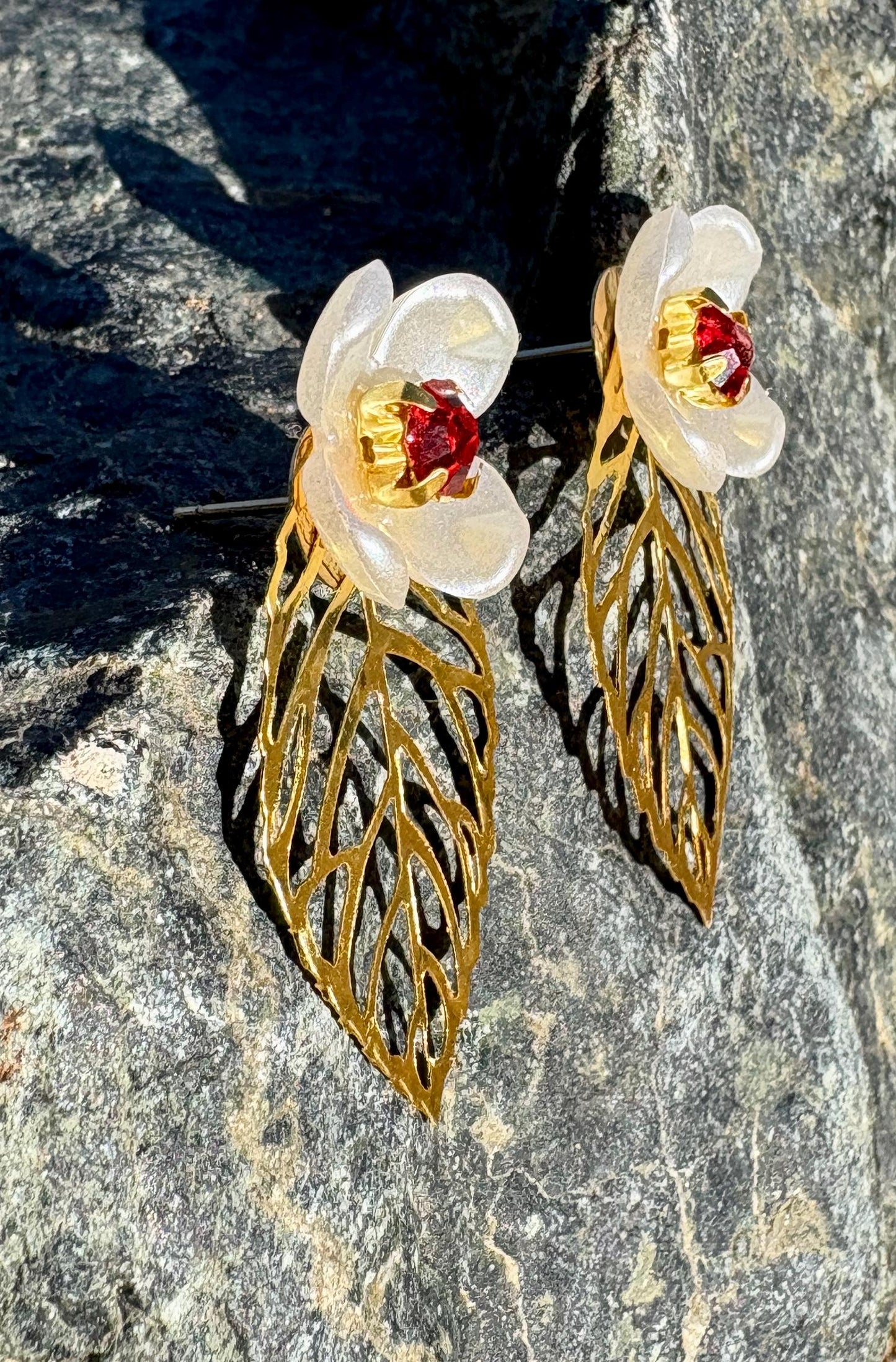 Gold Leaf White & Red Floral Earrings | Gemstone Cutout Leaf Earrings Consecrated Jewelry Co.