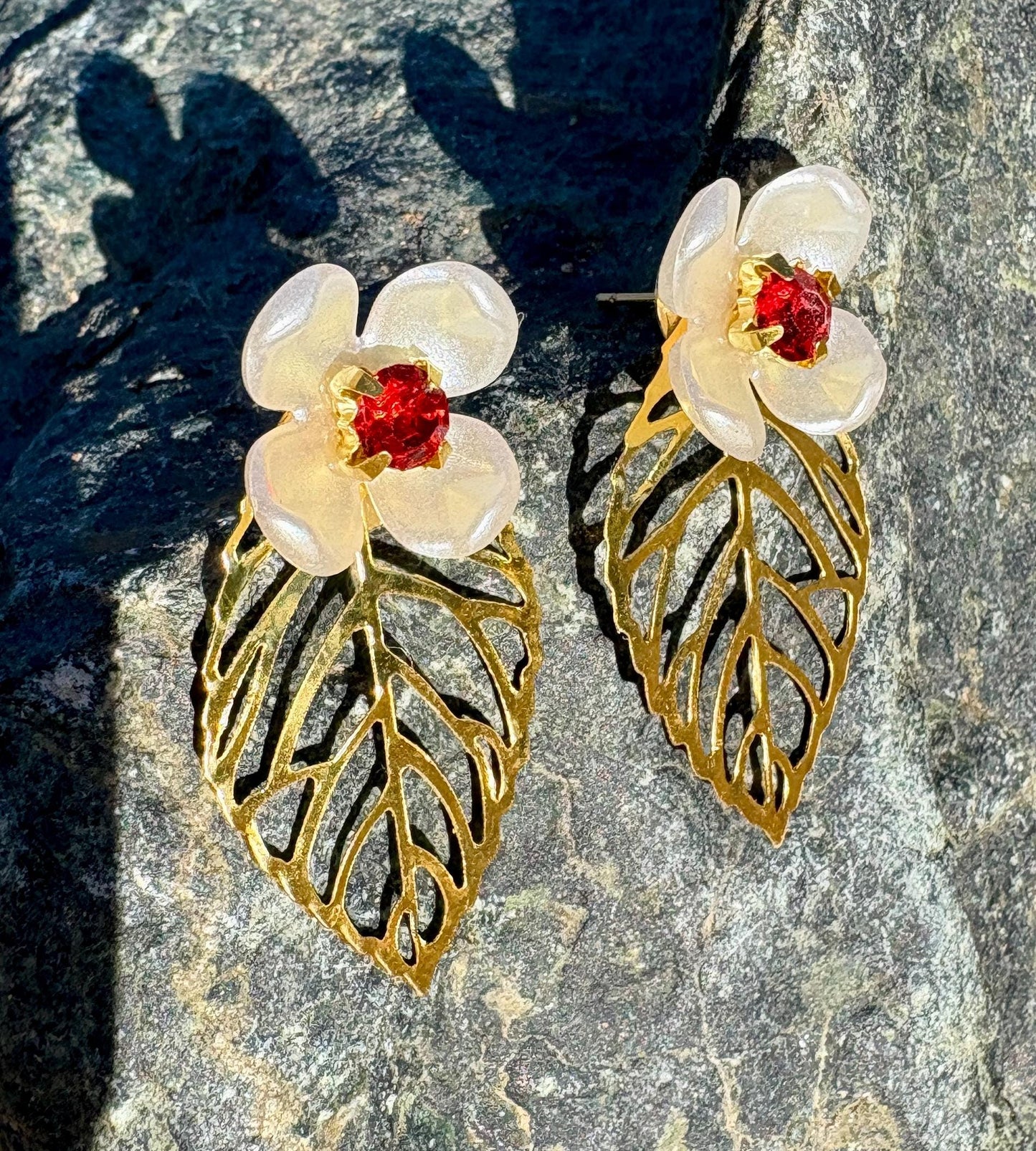 Gold Leaf White & Red Floral Earrings | Gemstone Cutout Leaf Earrings Consecrated Jewelry Co.