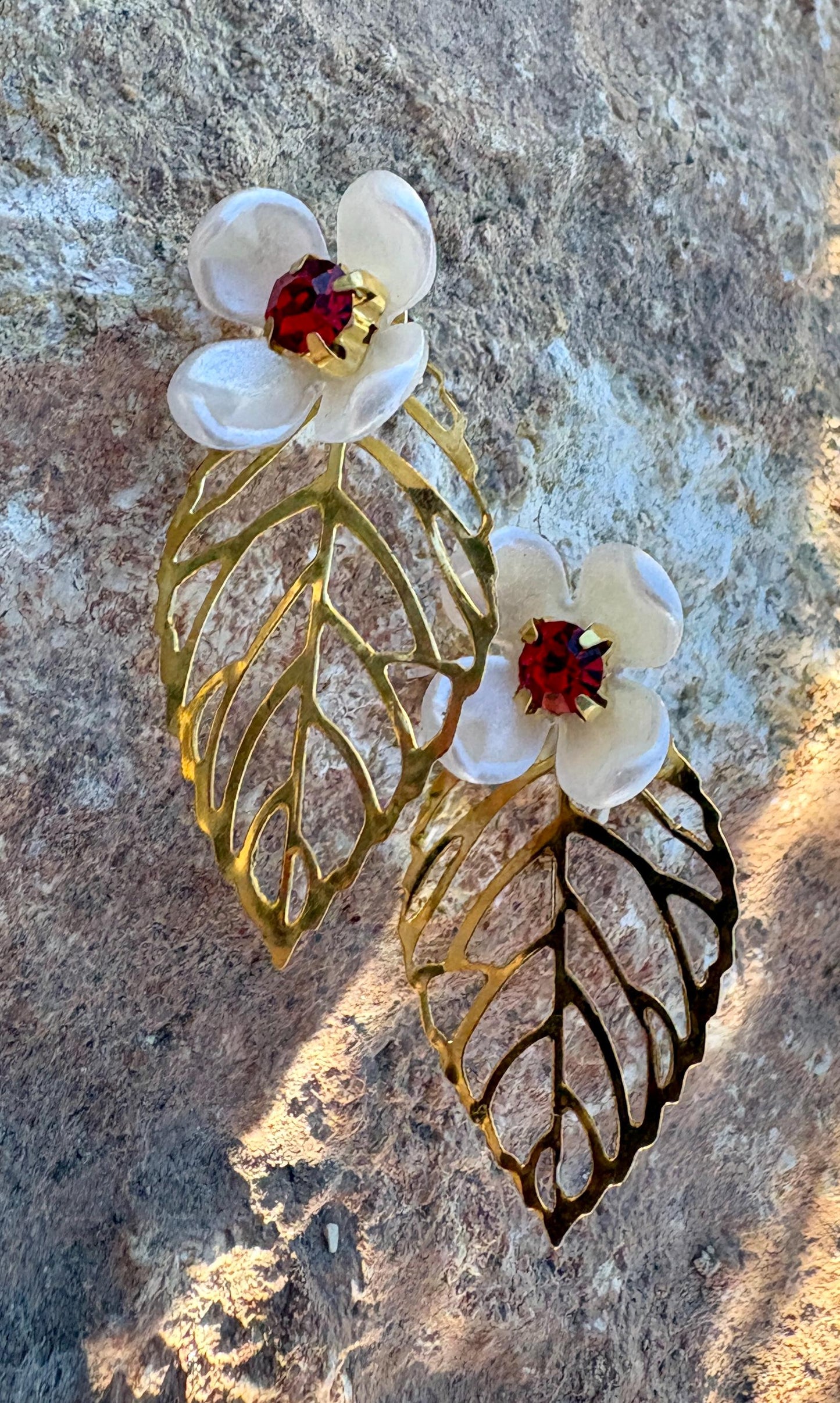 Gold Leaf White & Red Floral Earrings | Gemstone Cutout Leaf Earrings Consecrated Jewelry Co.