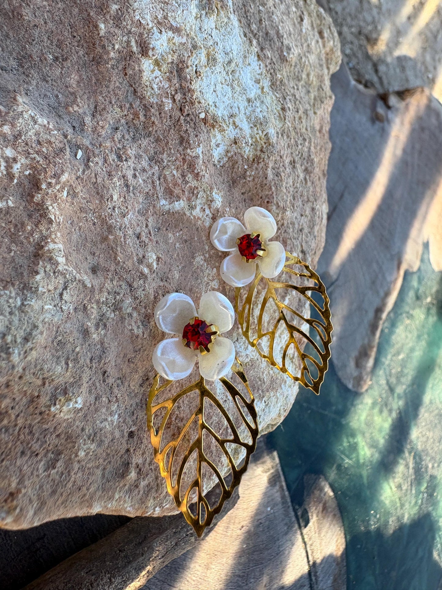 Gold Leaf White & Red Floral Earrings | Gemstone Cutout Leaf Earrings Consecrated Jewelry Co.