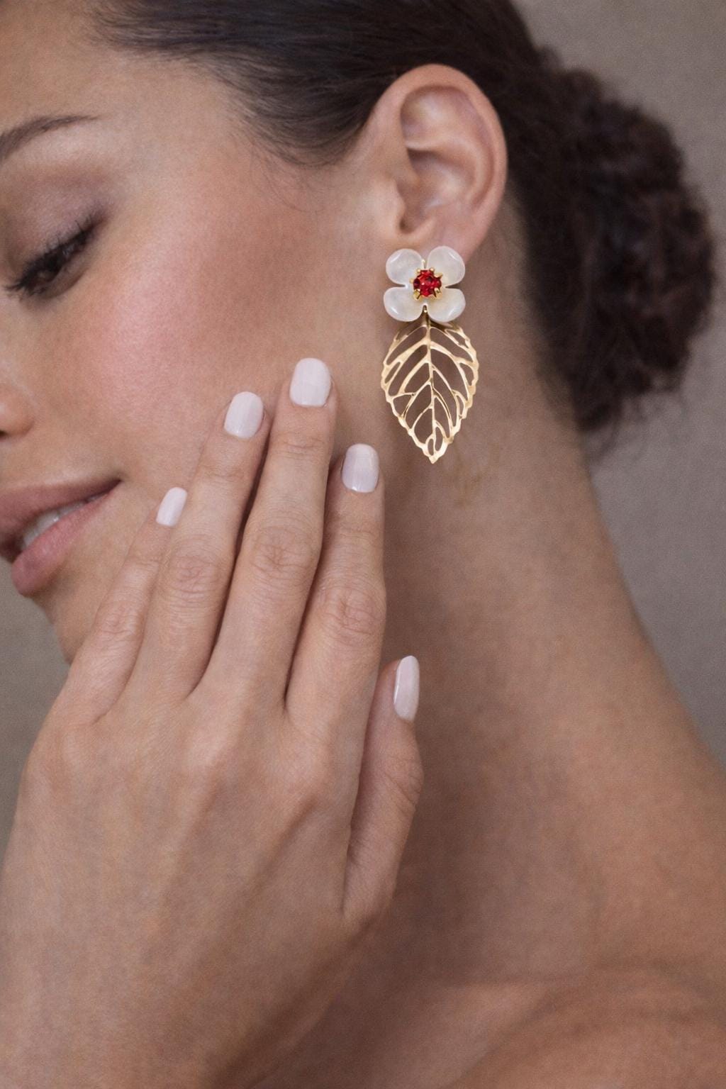 Gold Leaf White & Red Floral Earrings | Gemstone Cutout Leaf Earrings Consecrated Jewelry Co.